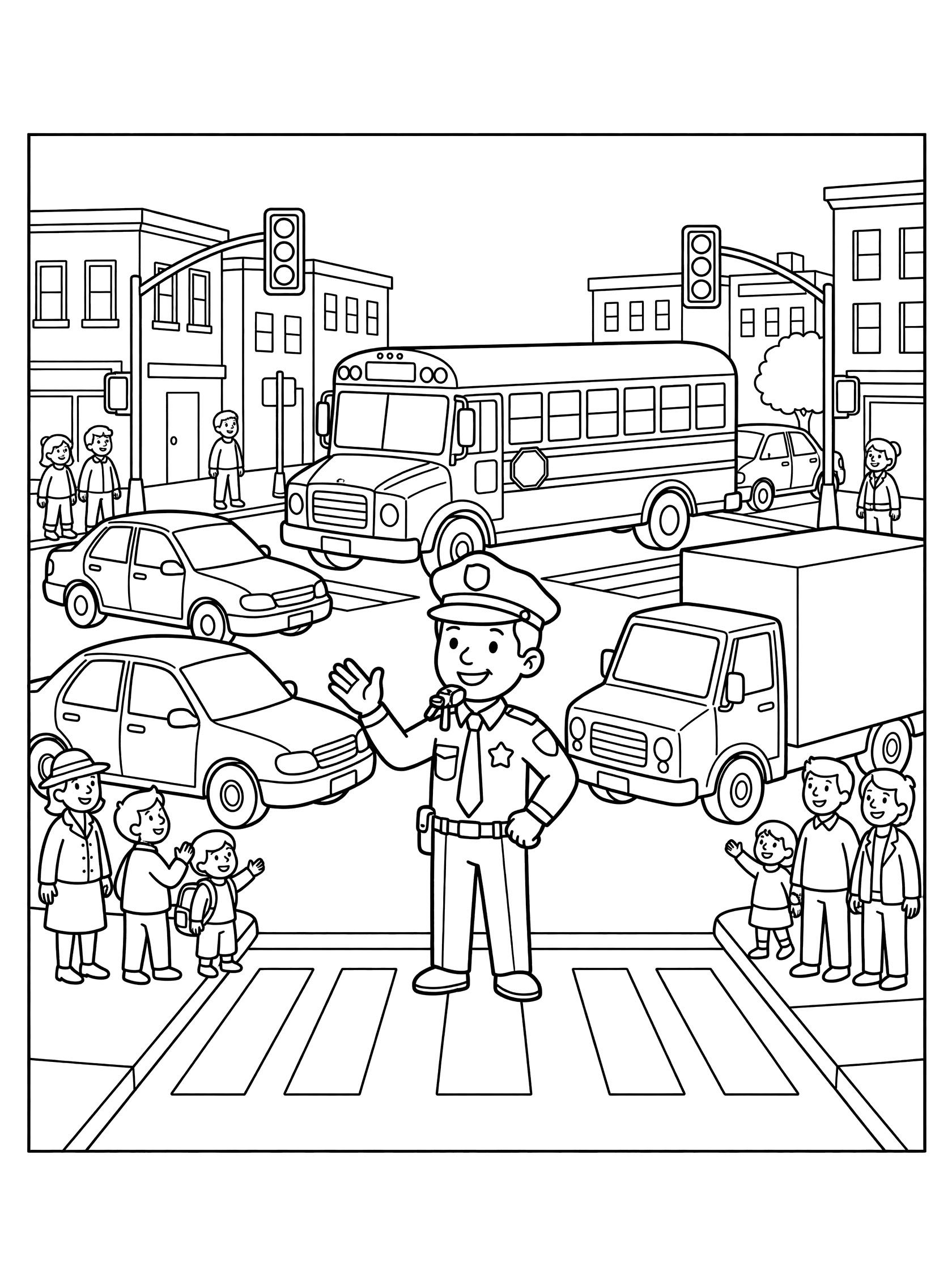 Black and white line art coloring page showing a police officer raising one hand and holding a whistle to direct traffic, with cars, school bus, and kids at crosswalk.