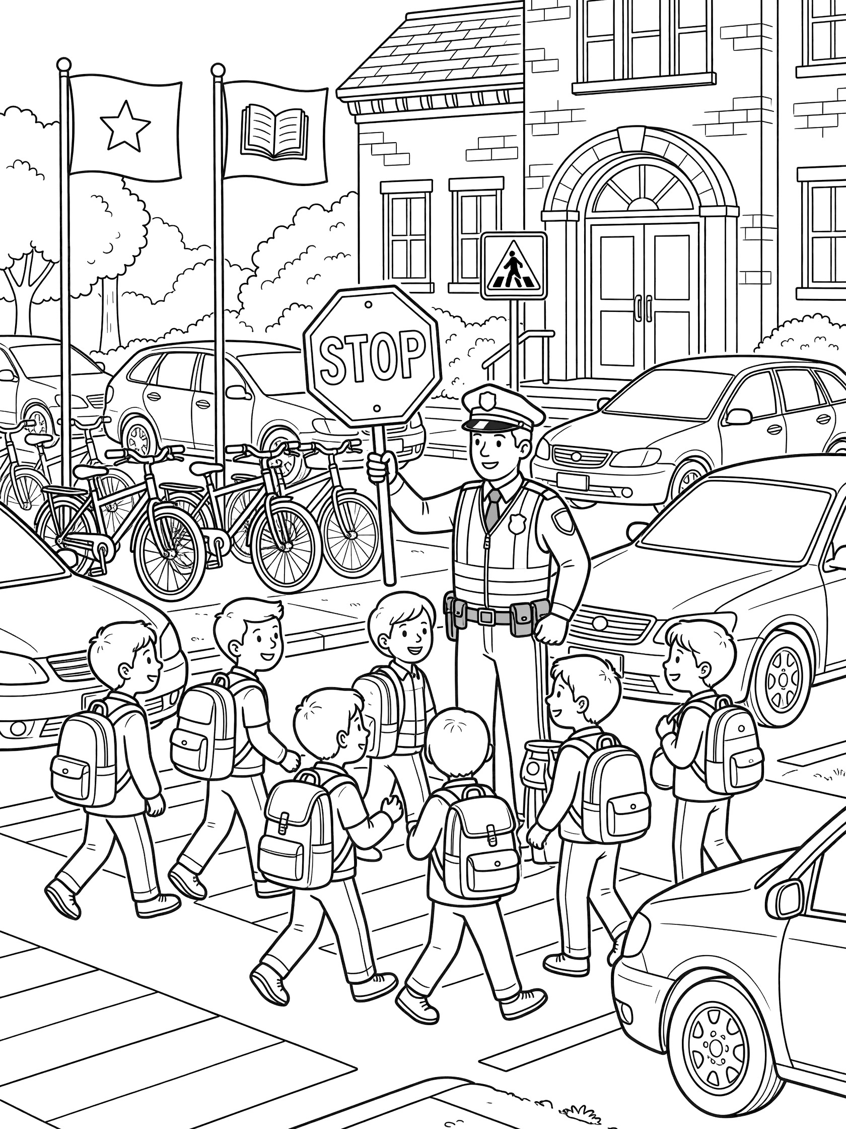 Black and white line art of a police officer directing a group of kids with backpacks safely across the school crosswalk while cars stop.