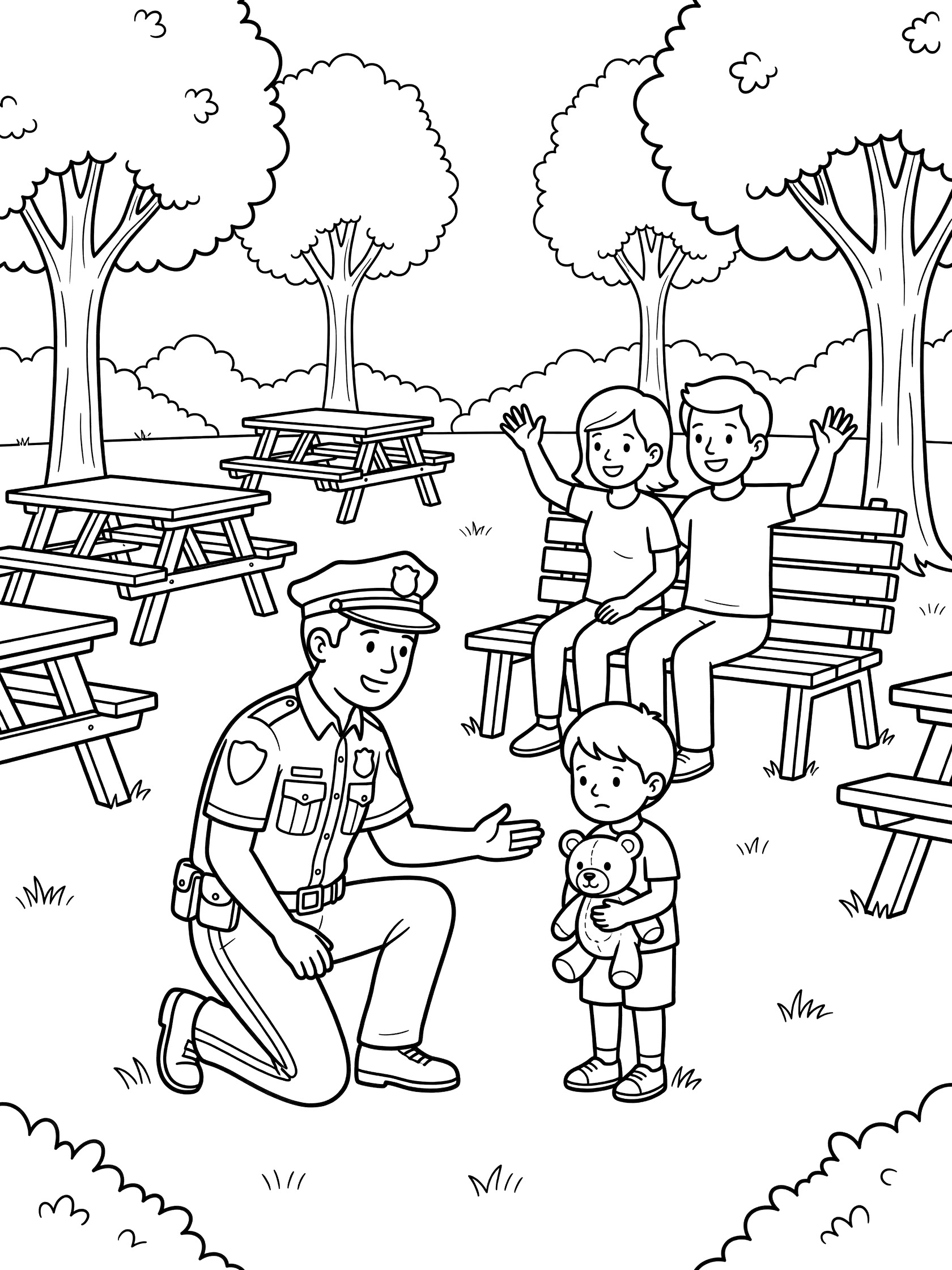 Line art coloring page showing a police officer comforting a lost child holding a teddy bear in a park, with parents on a bench, picnic tables, and trees in the background.