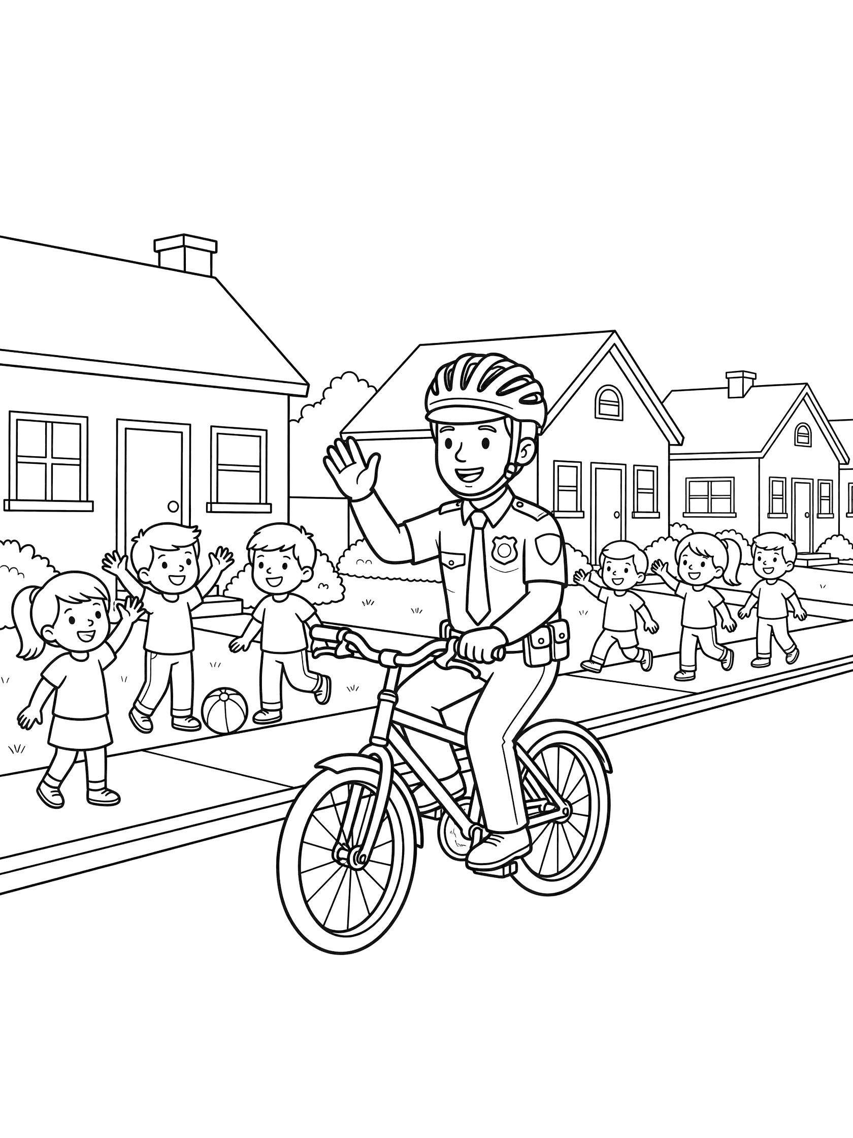 Line art coloring page showing a police officer with badge and helmet riding a bike down a street, waving to children on the sidewalk near houses.