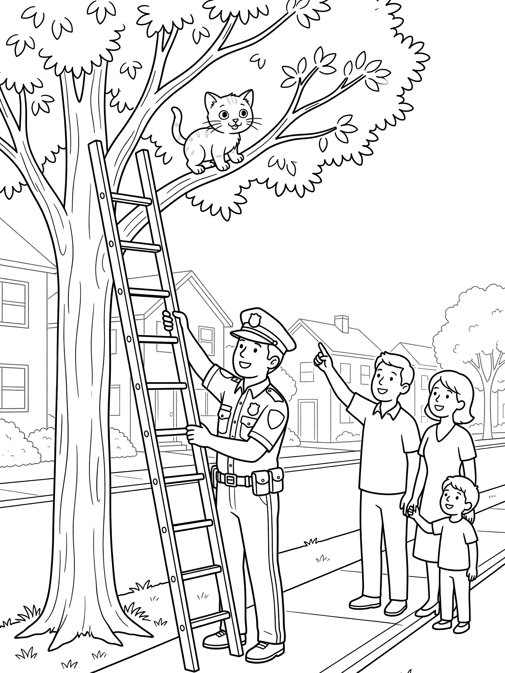 Black and white line art of a police officer reaching up a ladder to save a kitten in a tree, with a family of onlookers on the sidewalk