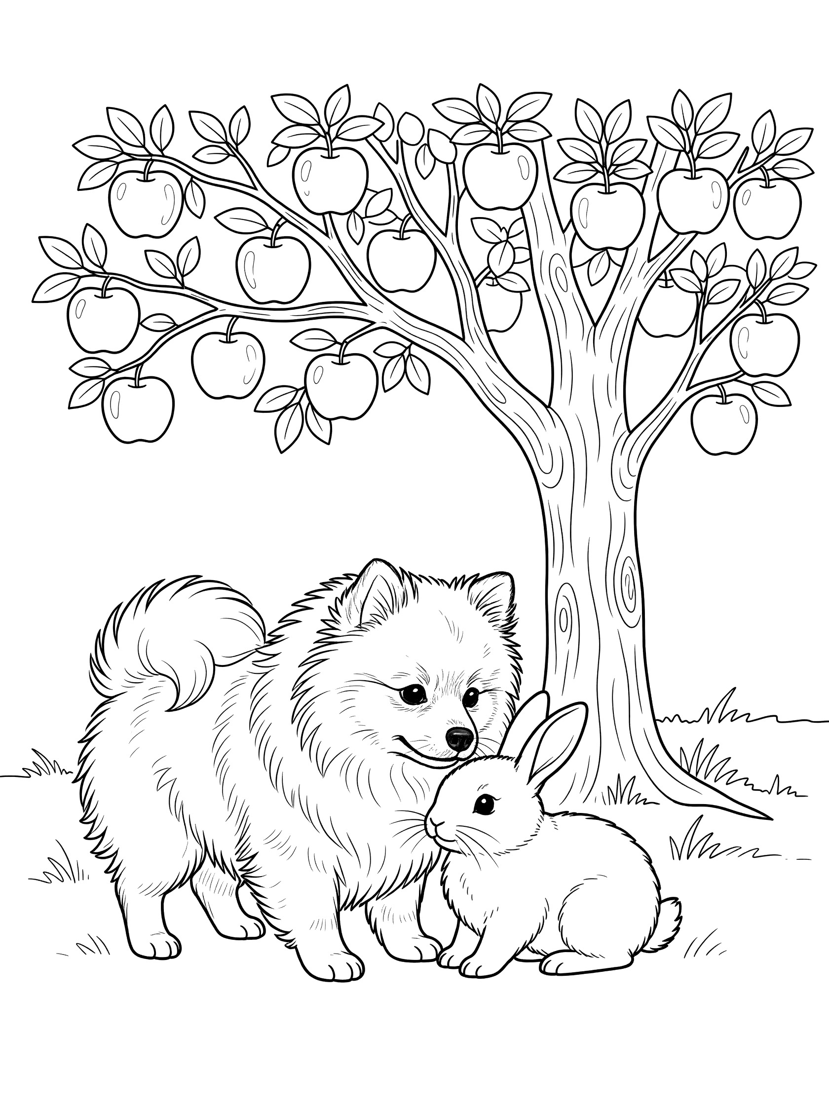 Black and white line art coloring page showing a Pomeranian dog with fluffy fur standing next to a bunny under a tree loaded with apples, on grass.