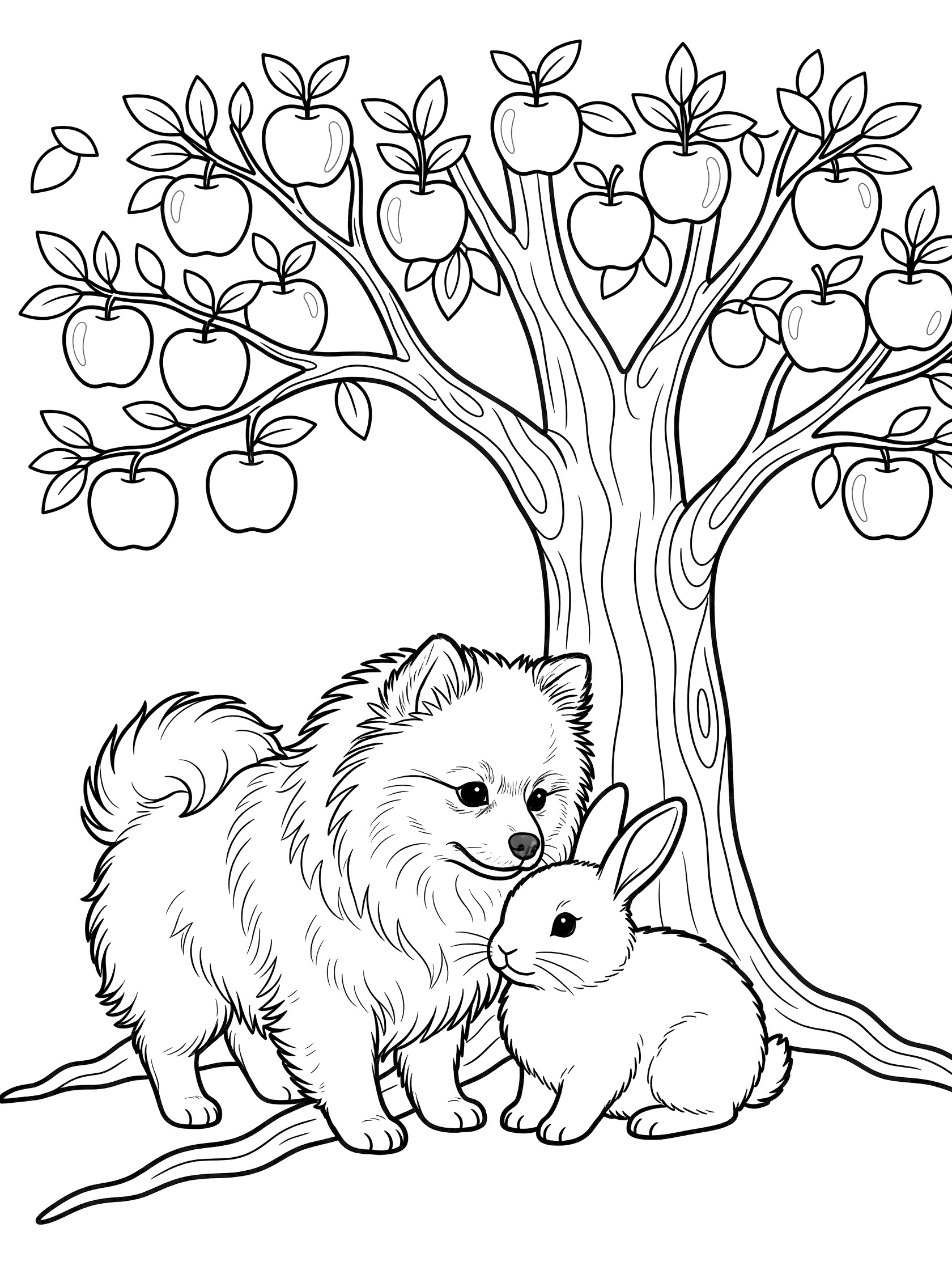 Line art coloring page showing a Pomeranian dog nuzzling a bunny next to a tree with apples, clean black outlines on white background