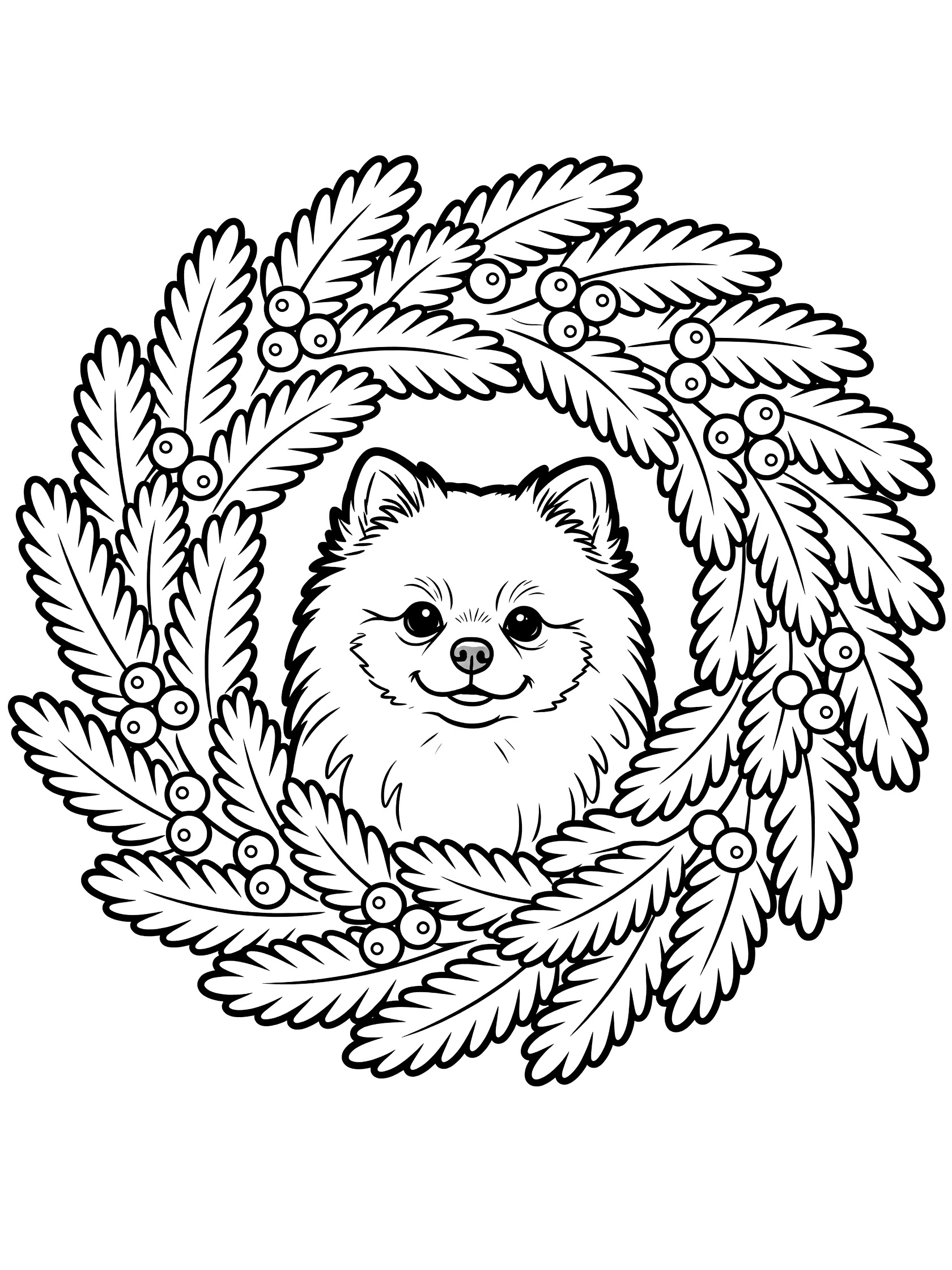 Black and white line art coloring page showing a Pomeranian dog's face poking through a circular wreath of leaves and berries