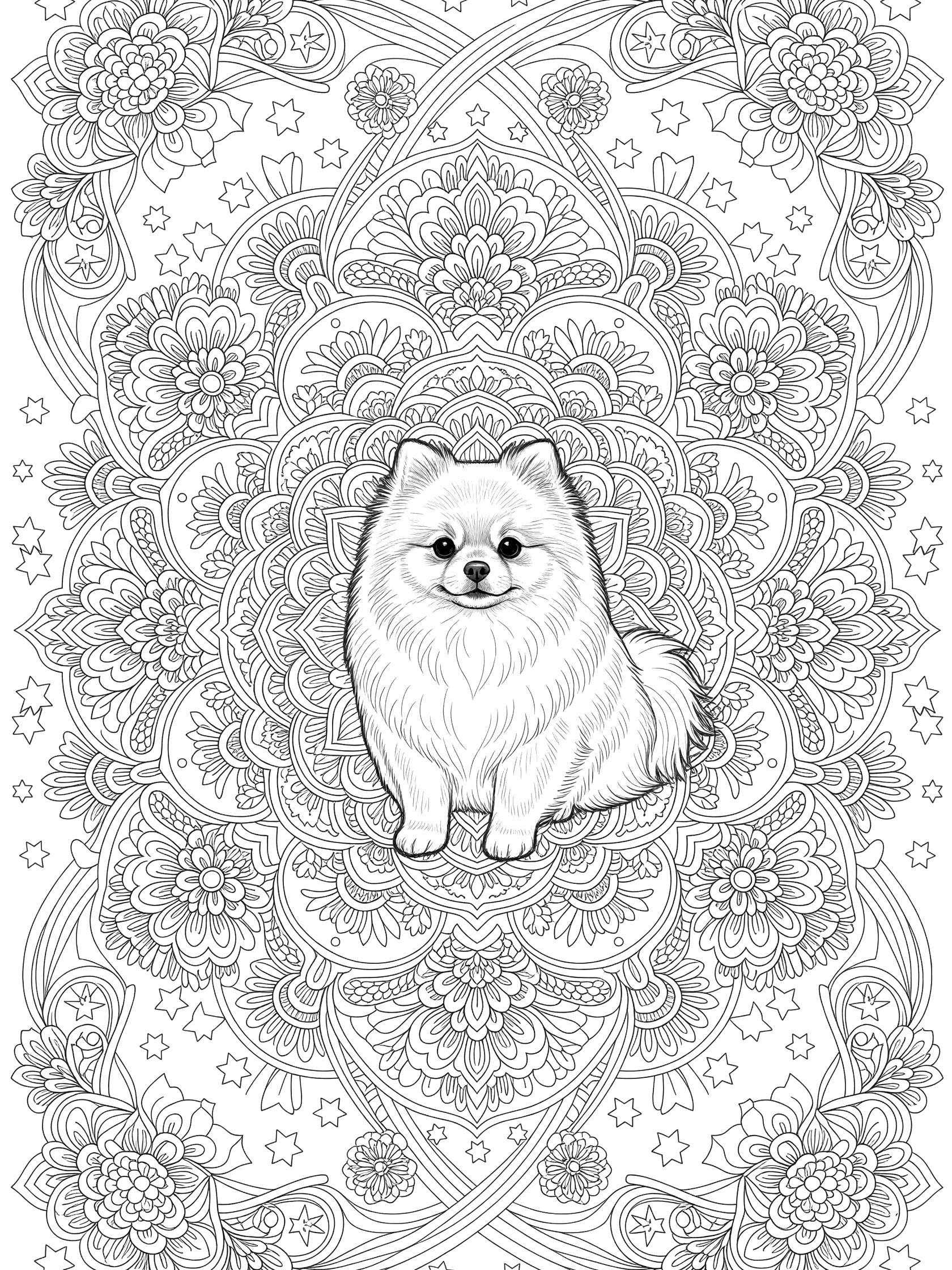 Black and white line art coloring page of a fluffy Pomeranian dog sitting in the center of a symmetrical floral mandala with swirling vines, flowers, and stars.