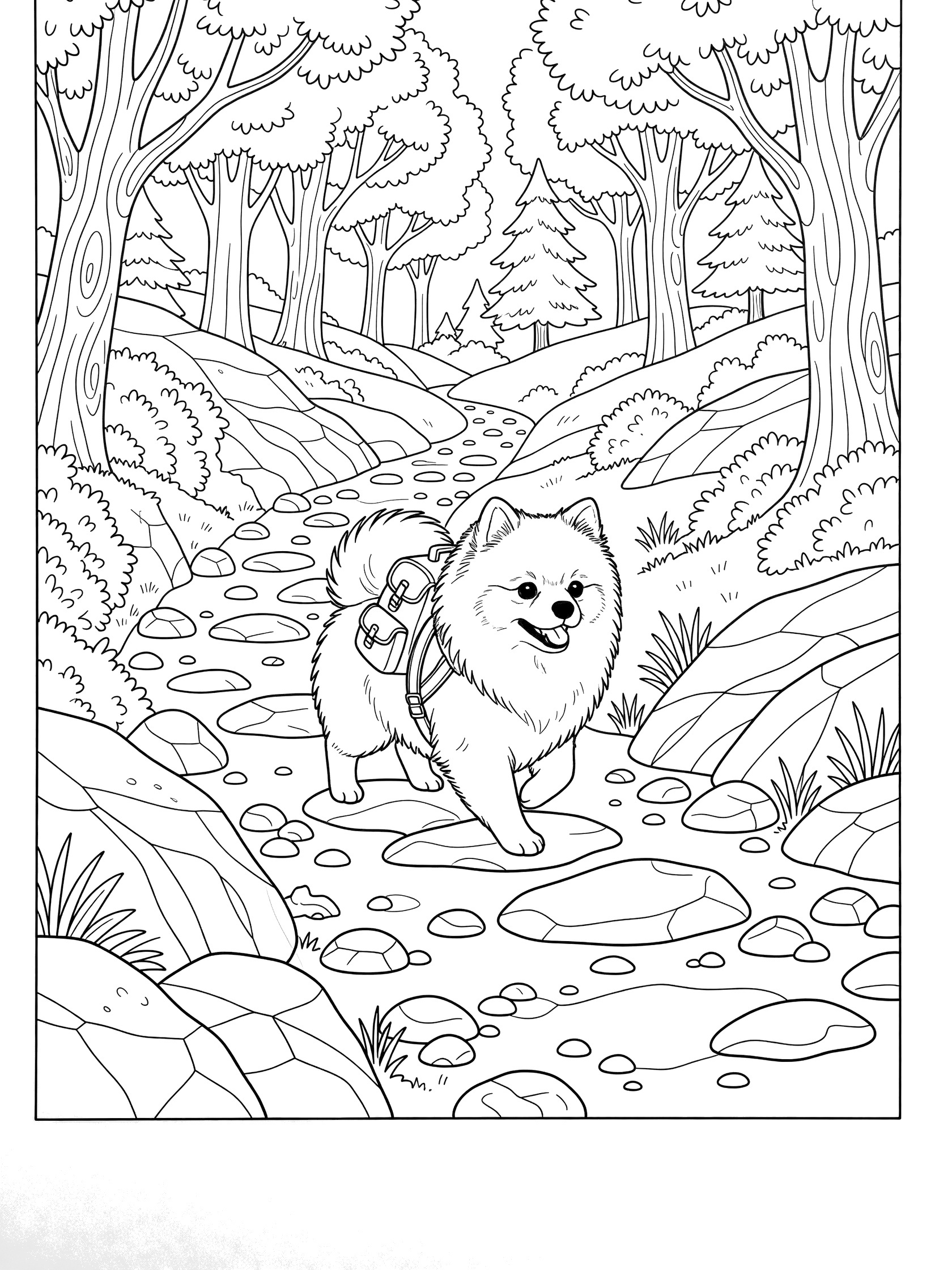 Black and white line art coloring page showing a fluffy Pomeranian dog with a backpack on a trail through a forest with trees and rocks