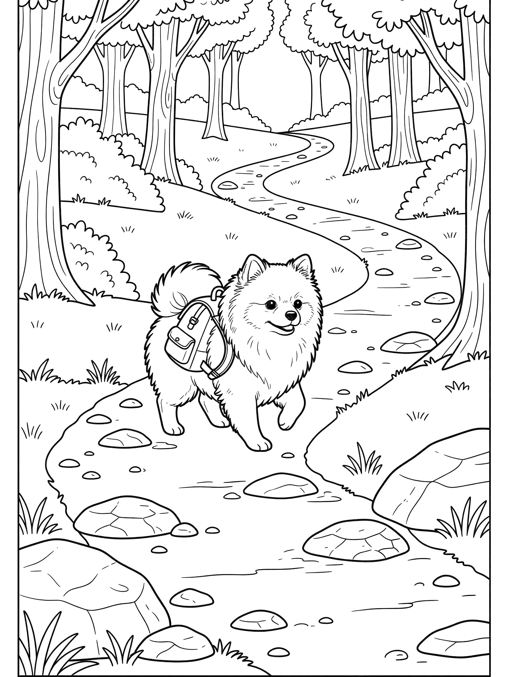 Black and white line art coloring page showing a fluffy Pomeranian dog with a backpack trotting along a winding path in a forest with trees and rocks