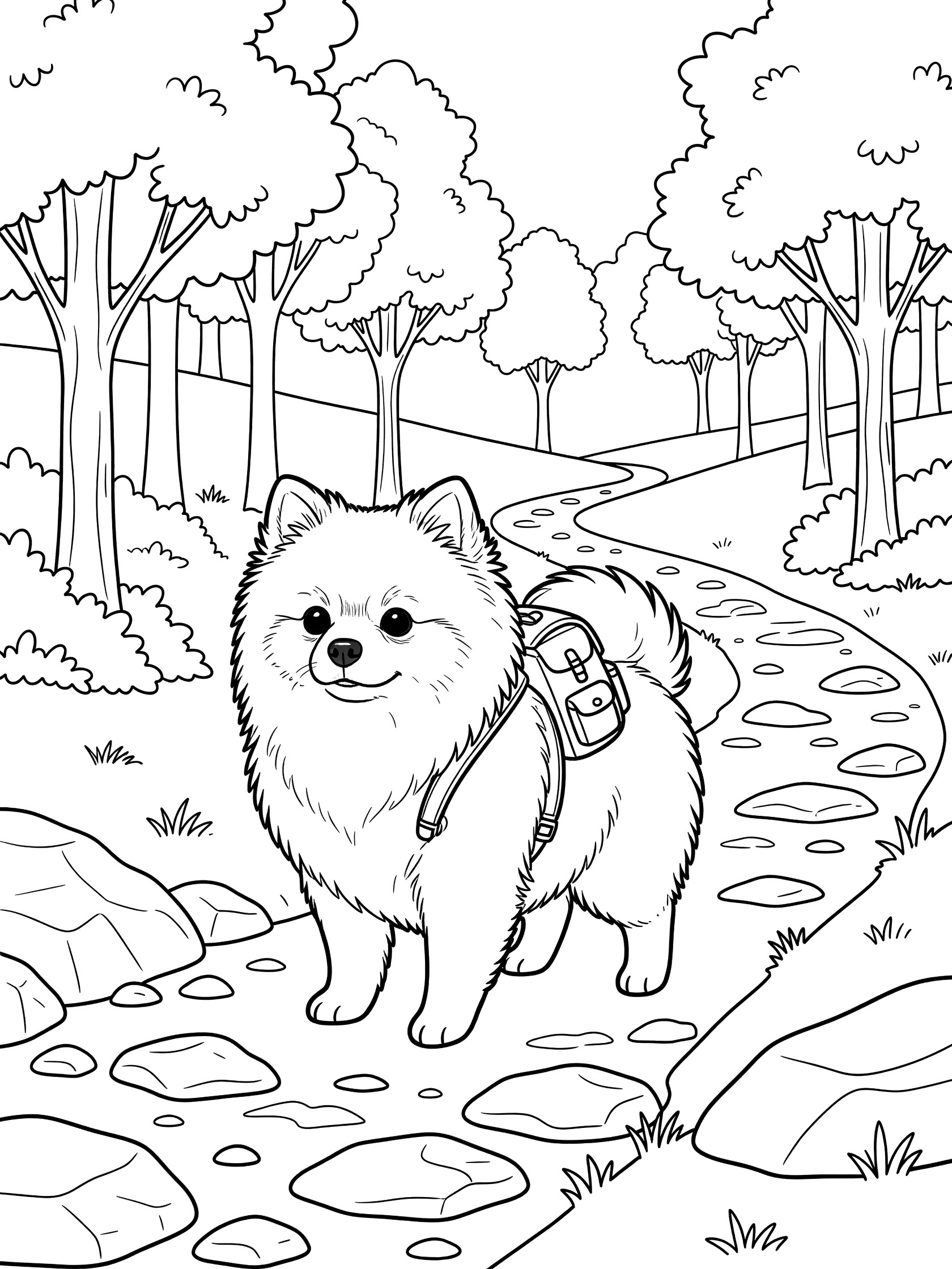 Black and white line art of a fluffy Pomeranian dog with a backpack standing on a winding path in a forest with trees and rocks.
