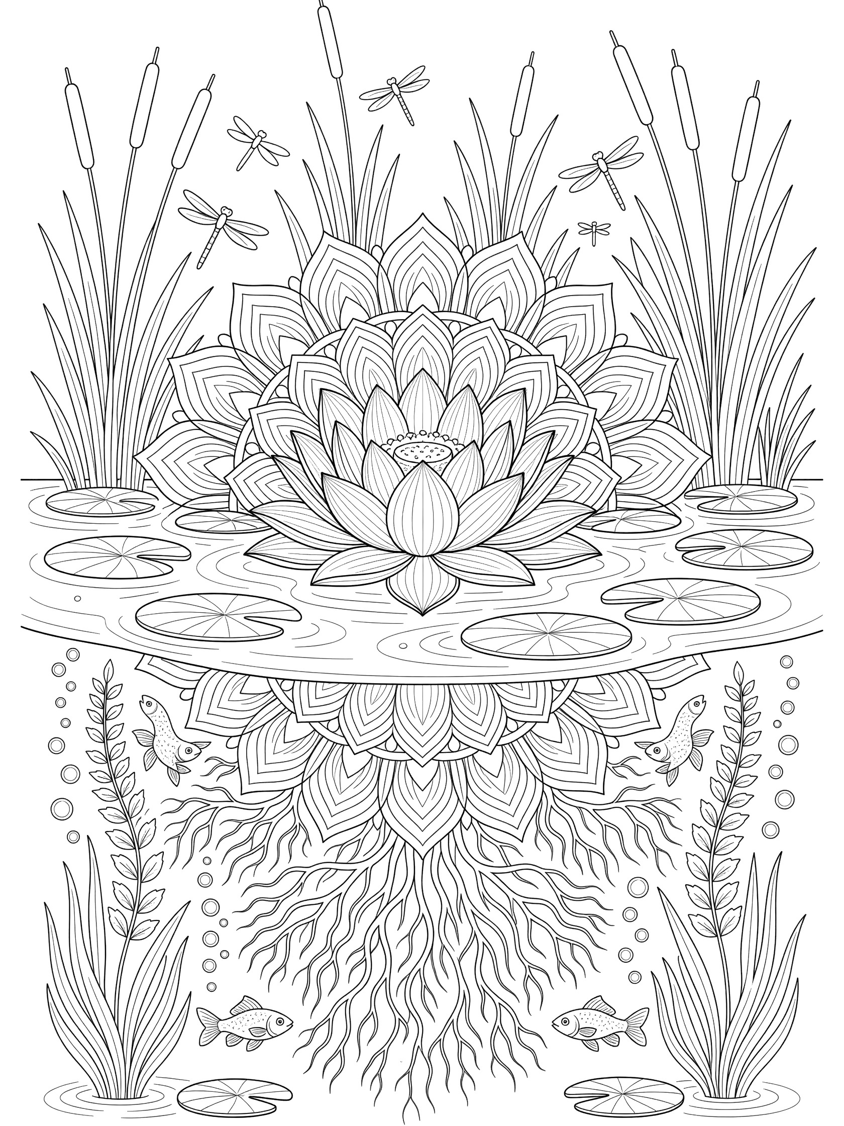 Symmetrical black and white line art of a Pond Lotus Mandala coloring page showing central lotus flower, lily pads, fish, bubbles, reeds, dragonflies and roots.