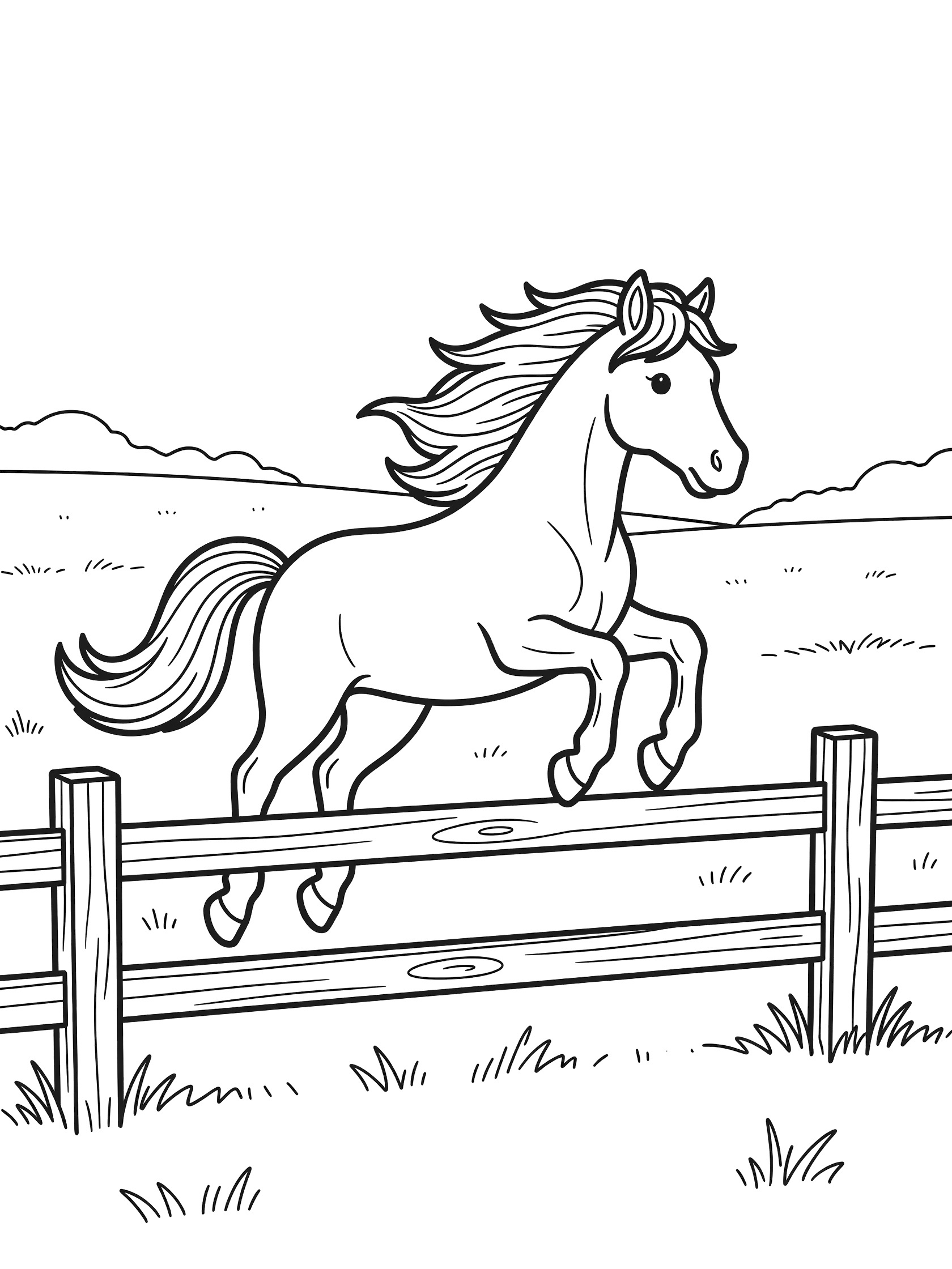 Black and white line art coloring page showing a pony jumping high over a wooden fence with flying mane and tail in a field
