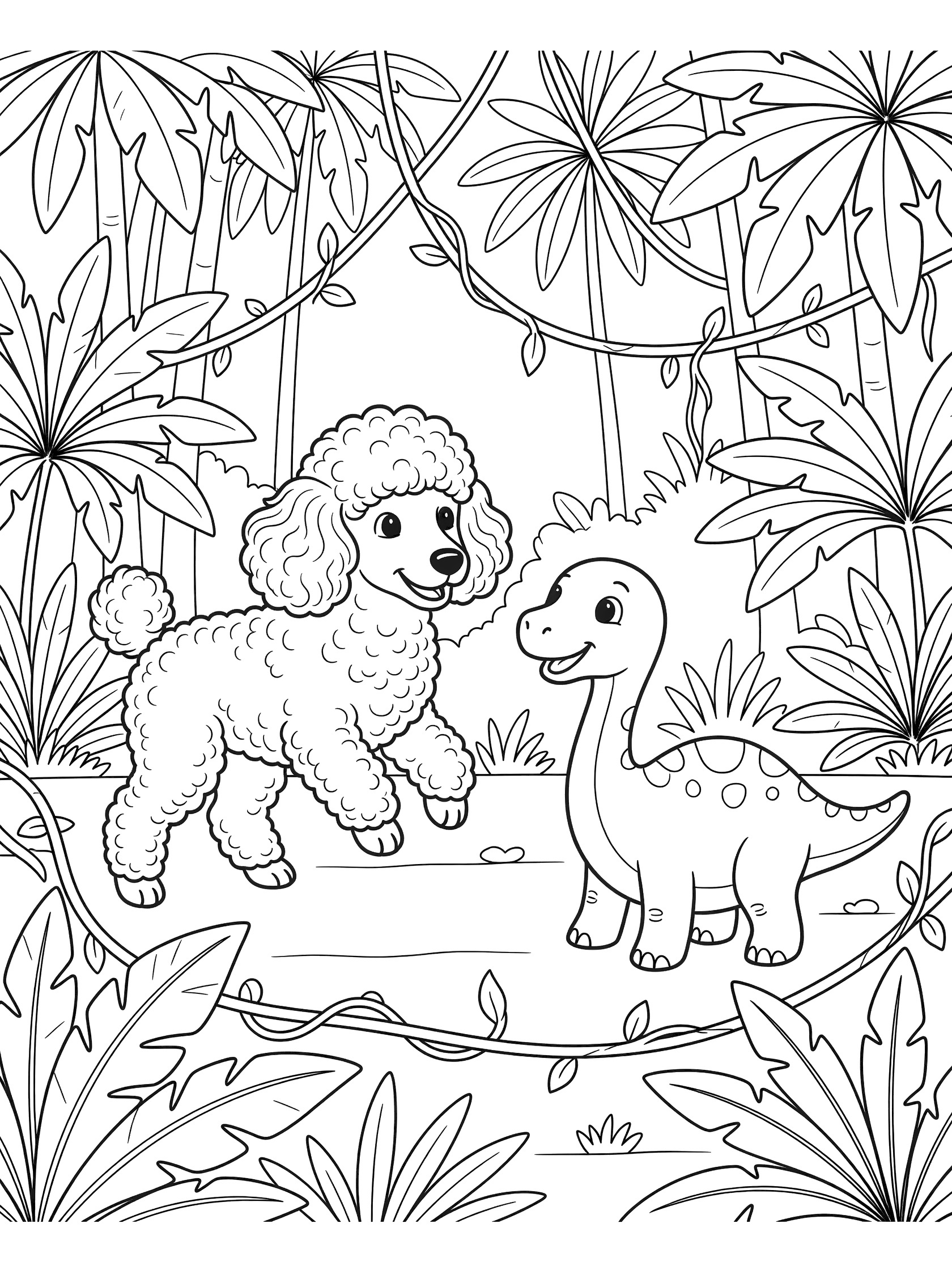 Black and white line art coloring page showing a poodle dog and baby dinosaur in a jungle with leaves and vines