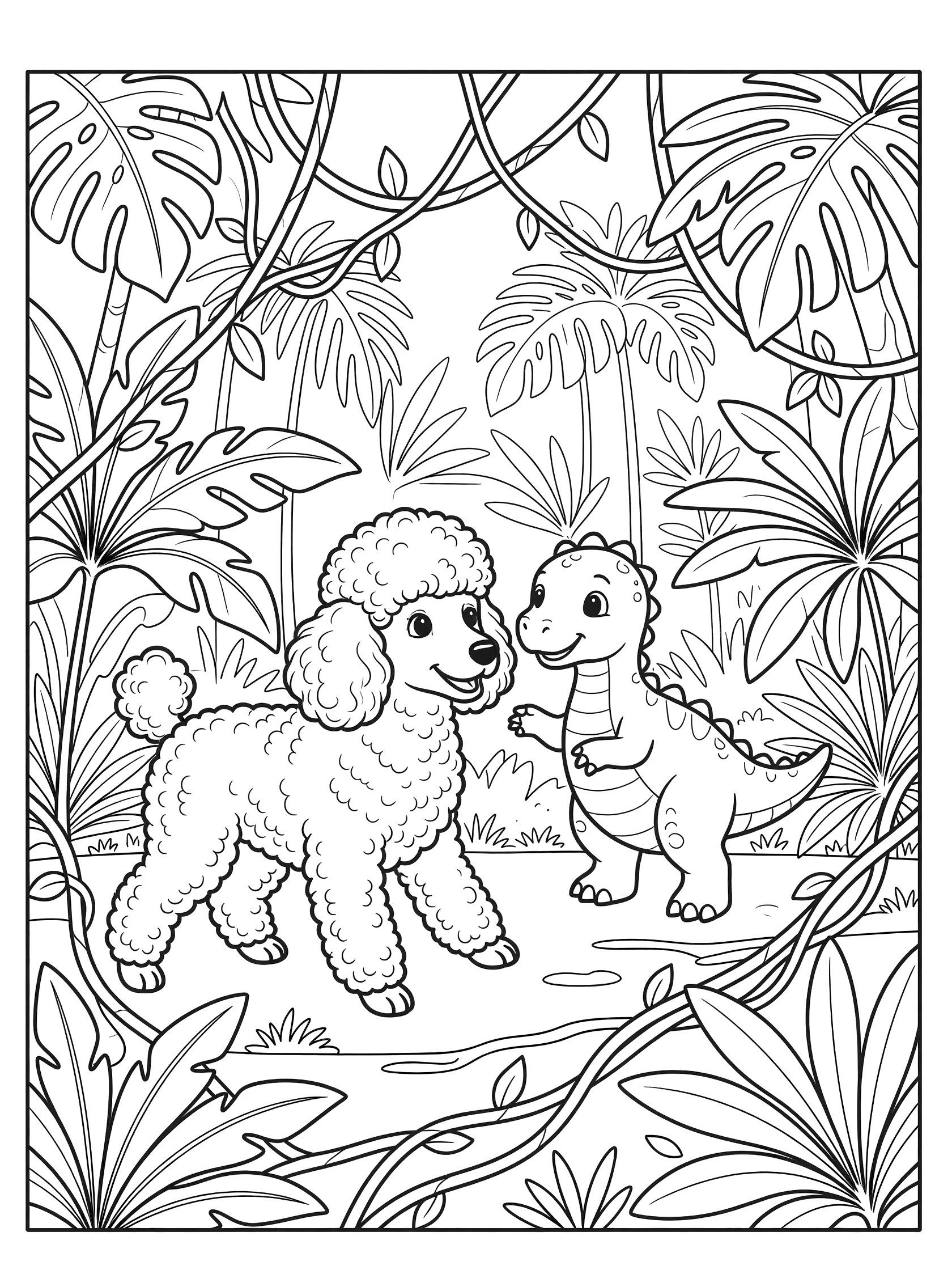 Black and white line art coloring page showing a poodle dog facing a baby dinosaur in a jungle with large leaves and vines