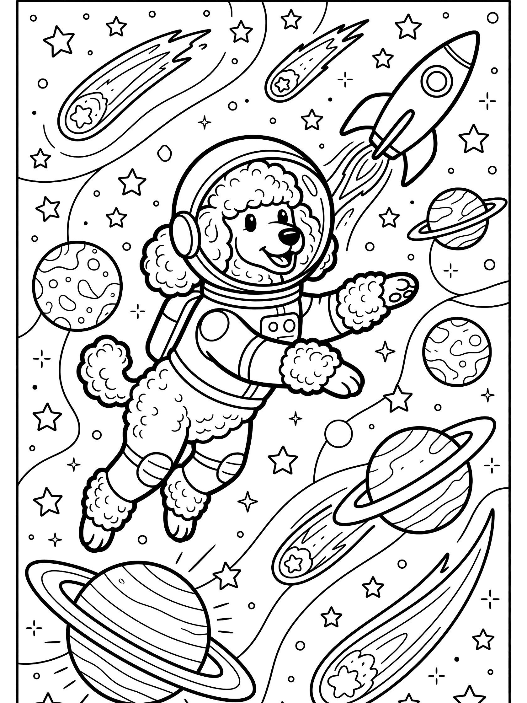 Black and white coloring page of a poodle dog astronaut in a helmet floating among stars, planets, comets, and a rocket in space.