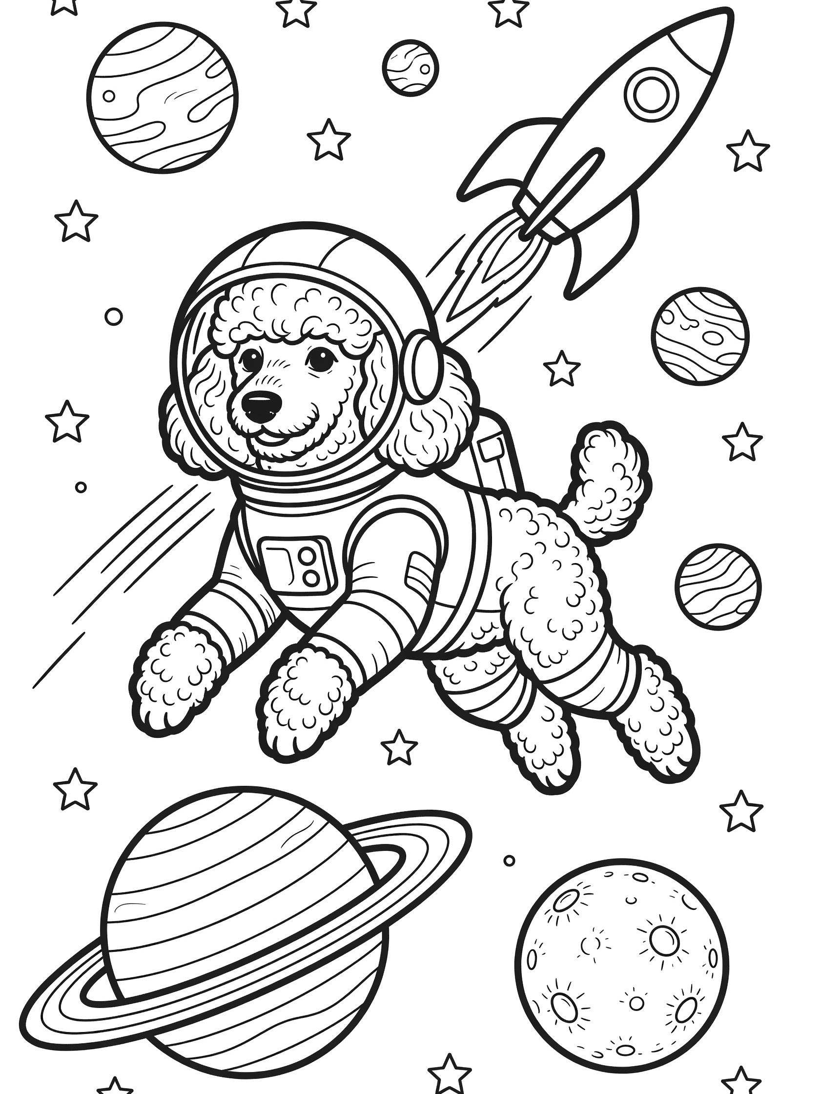 Black and white line art of a poodle dog astronaut in a helmet floating in space, surrounded by stars, planets with rings, moon, and a rocket.