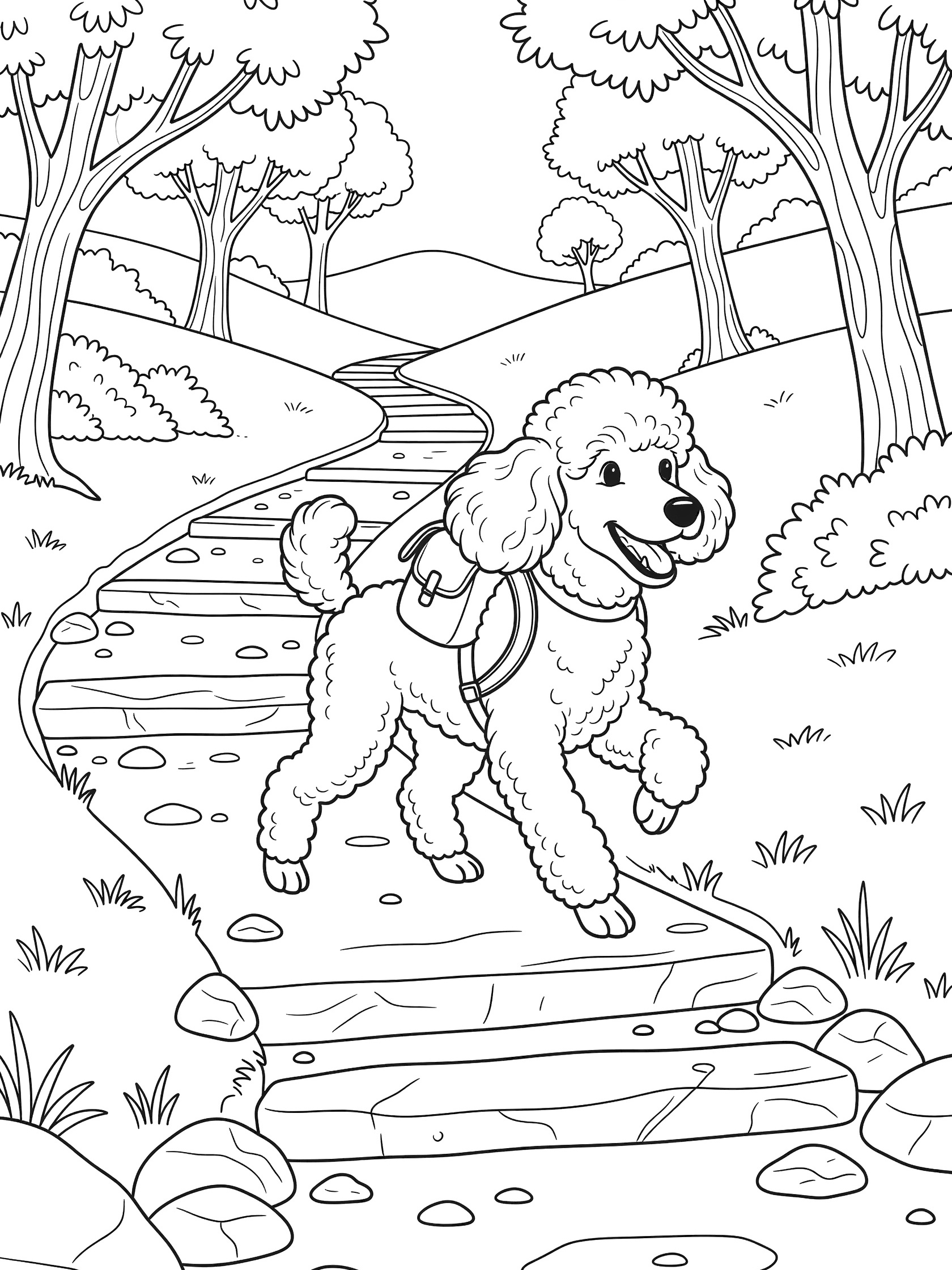 Black and white line art coloring page showing a fluffy poodle dog walking up a rocky forest trail carrying a small backpack, surrounded by trees and path edges.