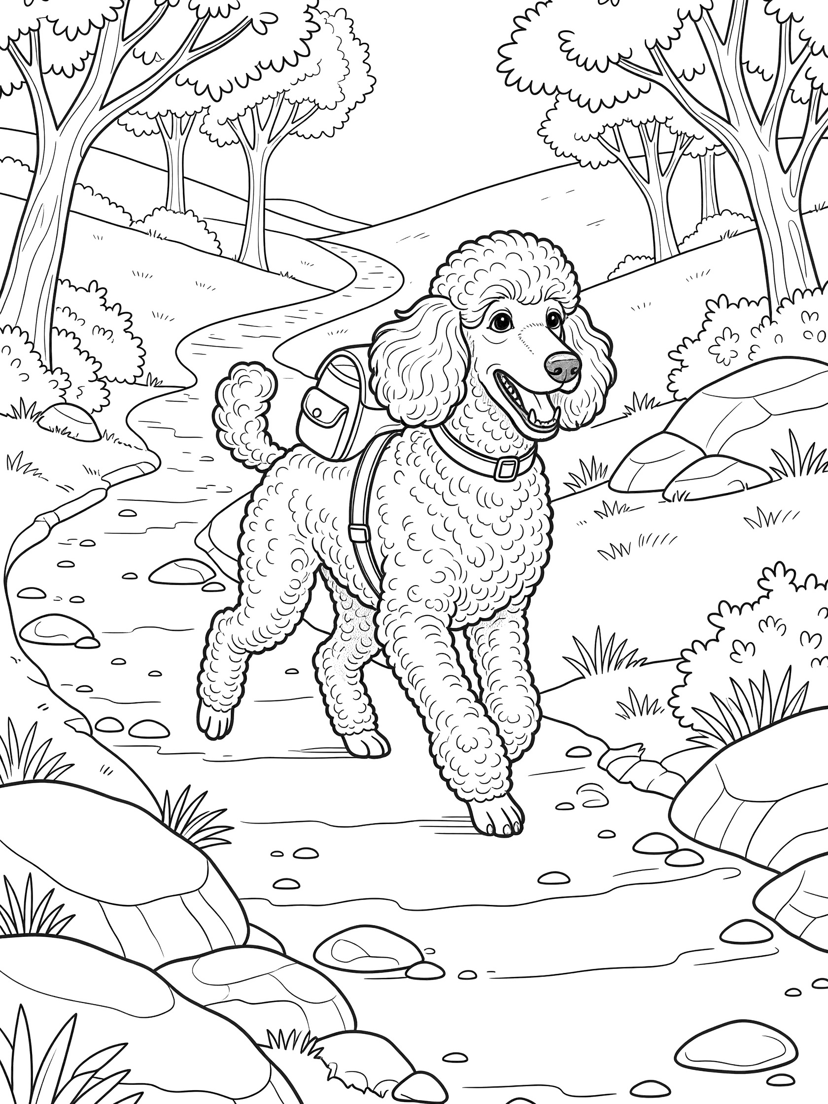 Black and white line art coloring page showing a curly poodle dog with a backpack walking along a winding forest path surrounded by trees, rocks, and bushes.
