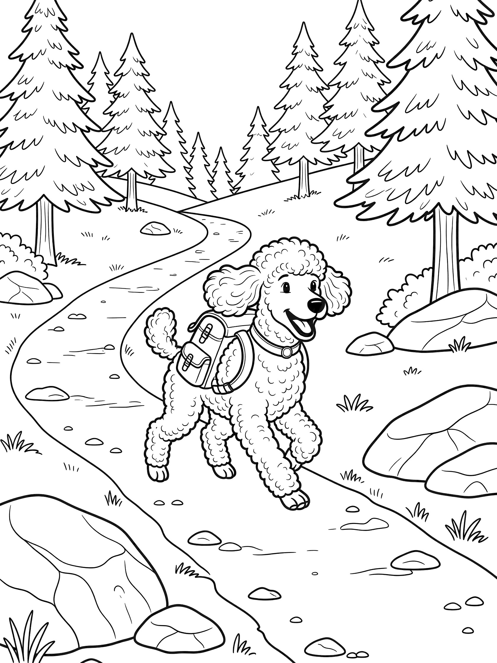 Black and white line art coloring page showing a fluffy poodle dog with a backpack hiking along a winding path through a forest with pine trees, bushes, rocks, and grass.