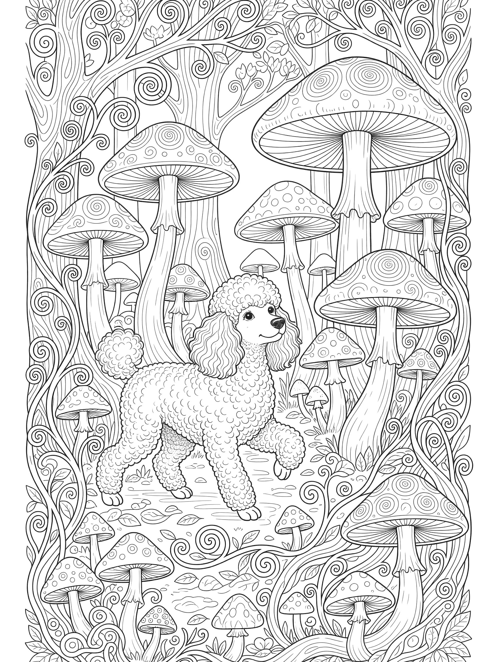 Black and white line art coloring page showing a detailed poodle dog exploring a forest with oversized mushrooms, twisting vines, and trees.