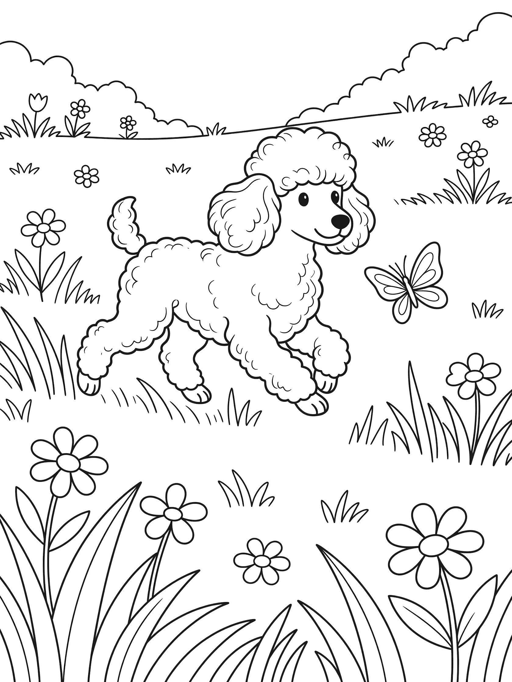 Black and white line art coloring page showing a curly poodle puppy running after a butterfly amid simple flowers and grass in a meadow.