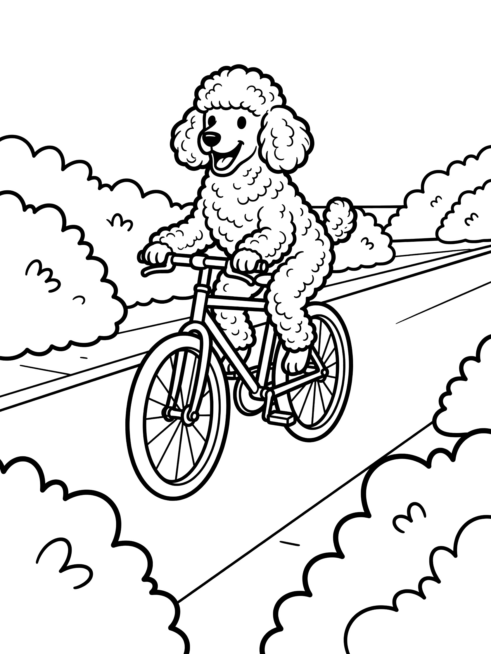 Black and white line art coloring page showing a fluffy poodle dog riding a bicycle on a street lined with bushes