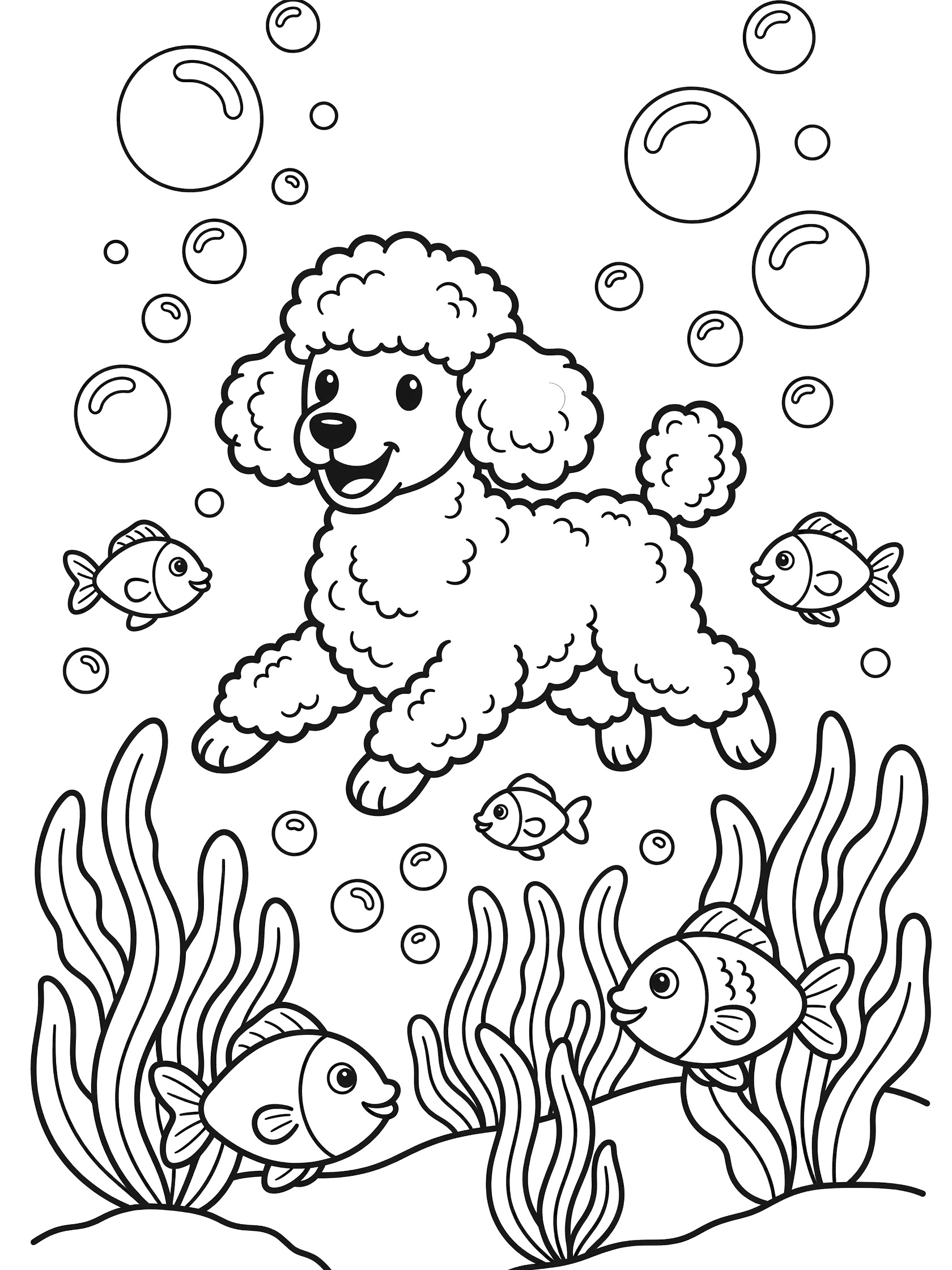 Black and white line art coloring page showing a cheerful poodle dog swimming underwater surrounded by bubbles, friendly fish and wavy seaweed.