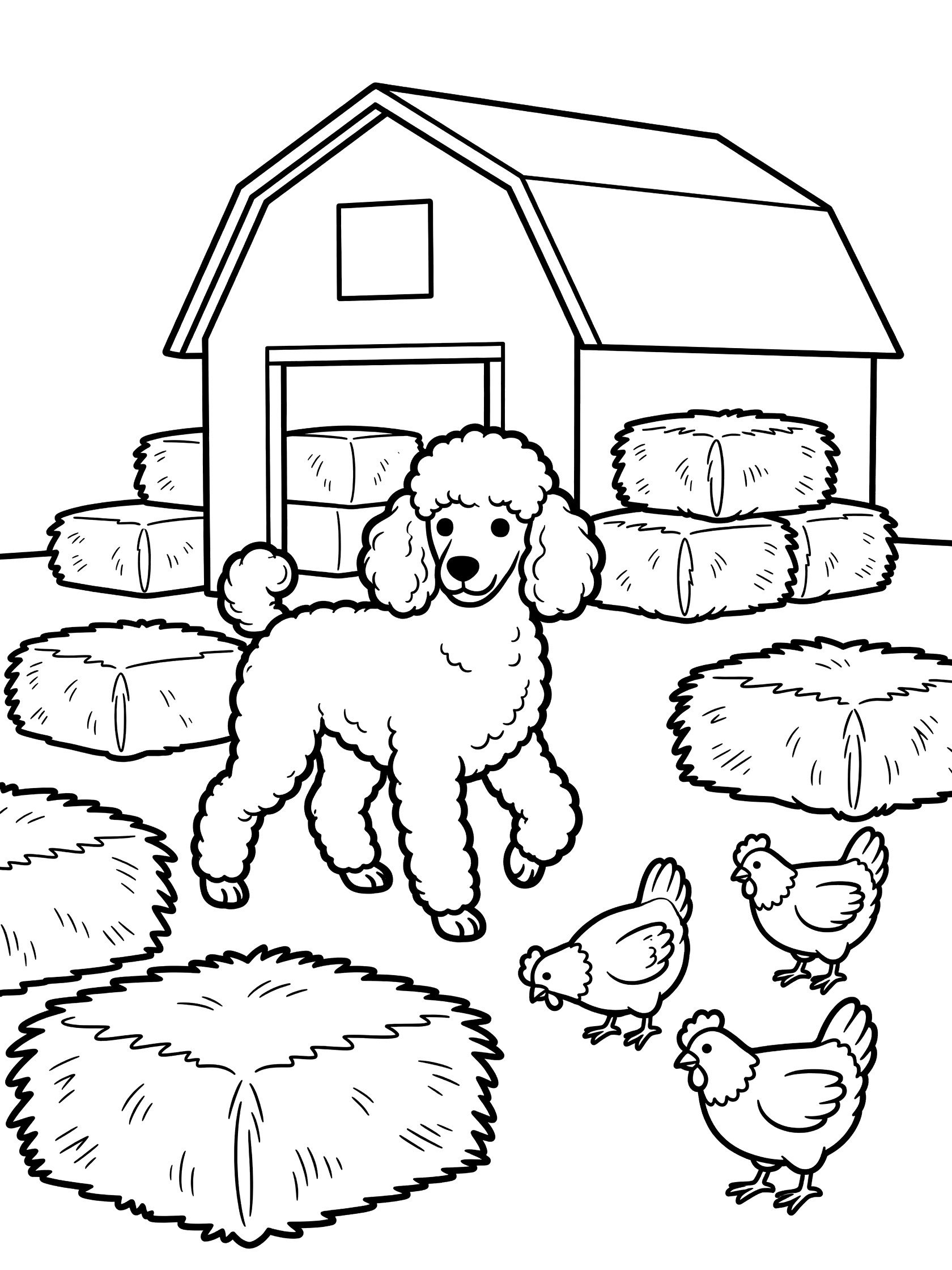 Black and white line art coloring page showing a fluffy poodle near a barn, surrounded by hay bales and little chicks pecking around.