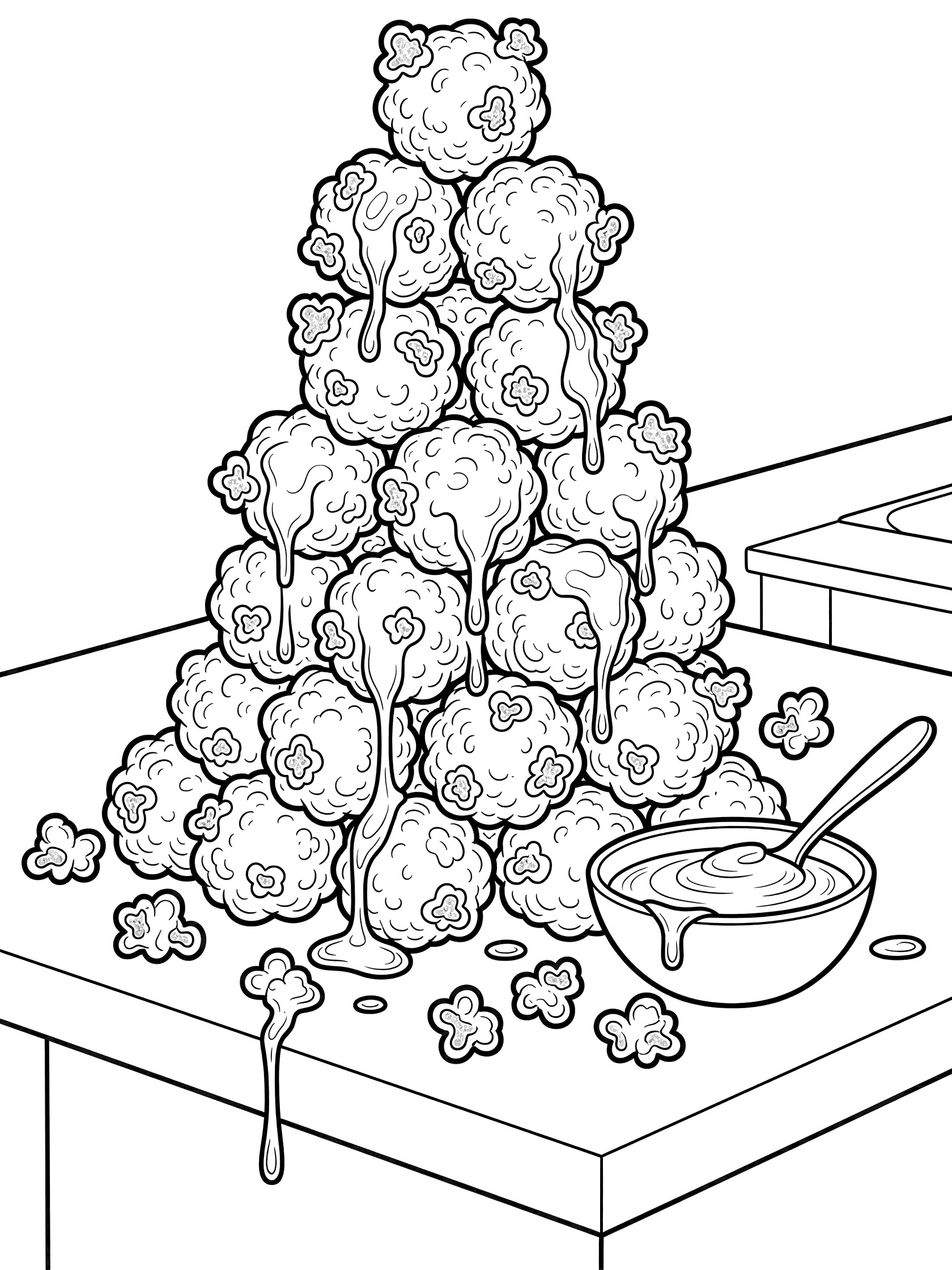 Black-and-white line art of a tall wobbly stack of popcorn balls on a kitchen counter, with caramel drips, loose kernels, spoon, and bowl.
