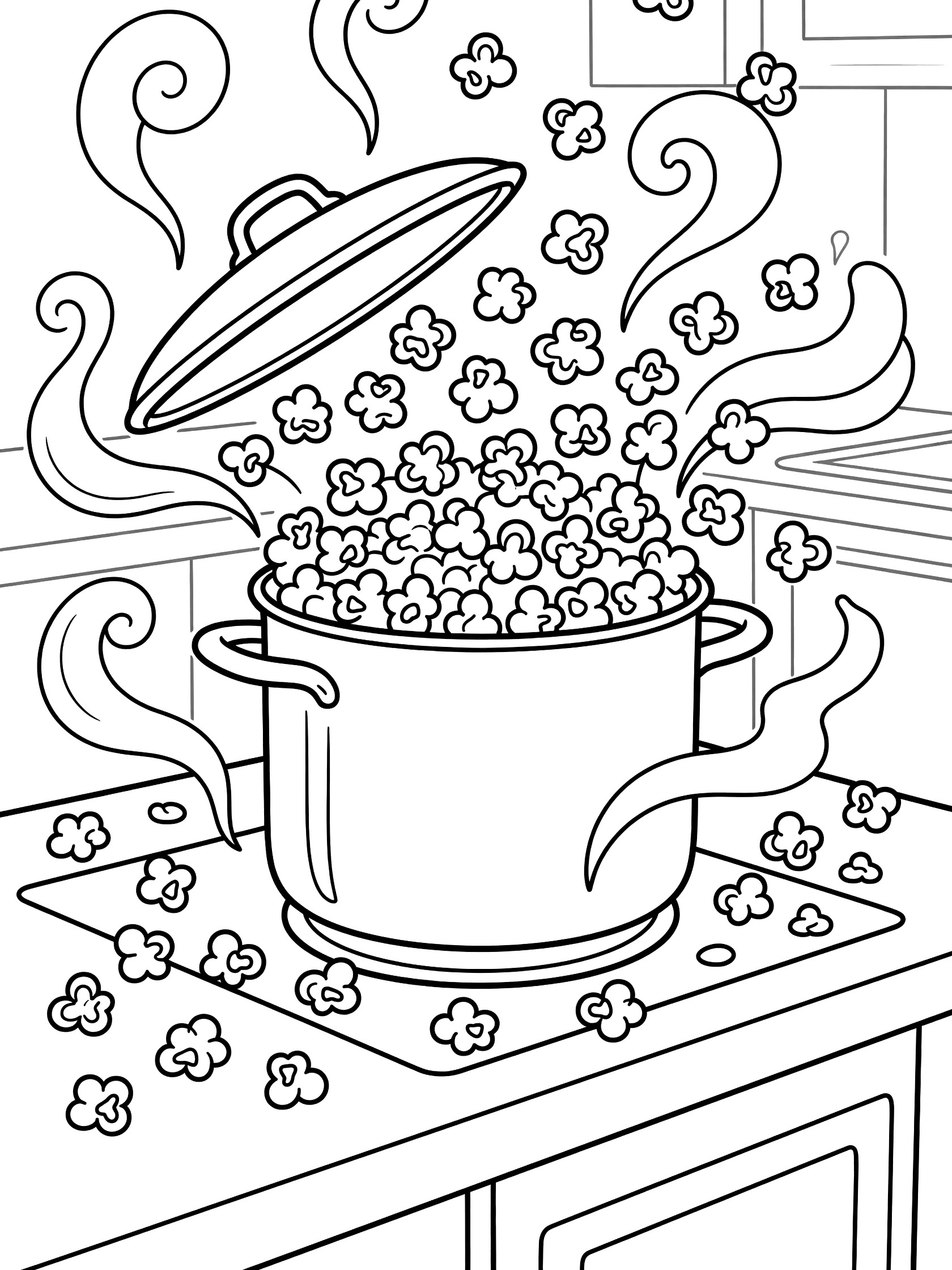 Black and white line art coloring page showing popcorn popping from an open pot lid in a kitchen, with steam swirls and kernels on the counter.