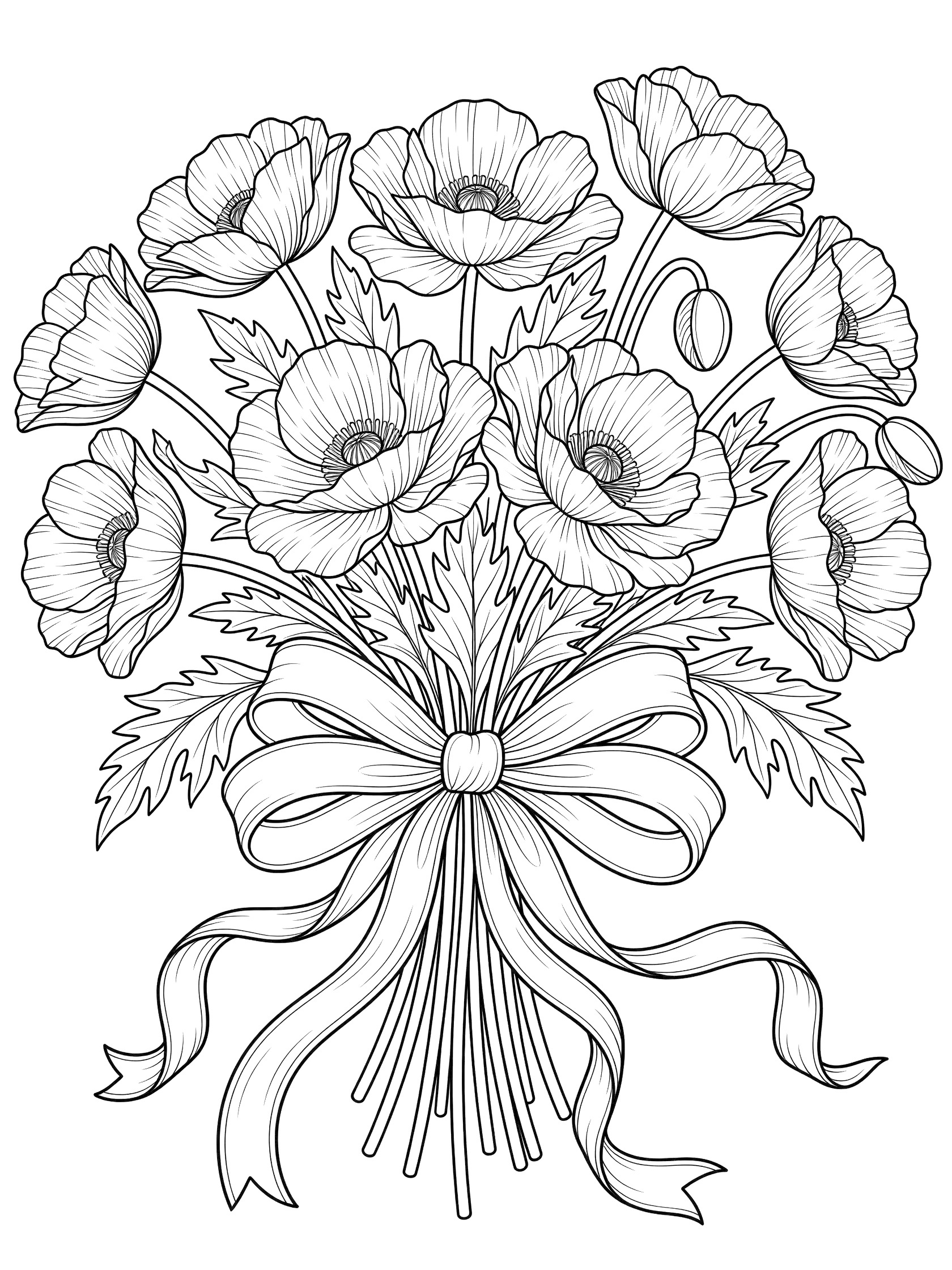 Black and white line art of a lush poppy bouquet tied tightly with an elaborate bow, detailed petals and leaves for kids coloring. Bouquets themed black and white printable line art