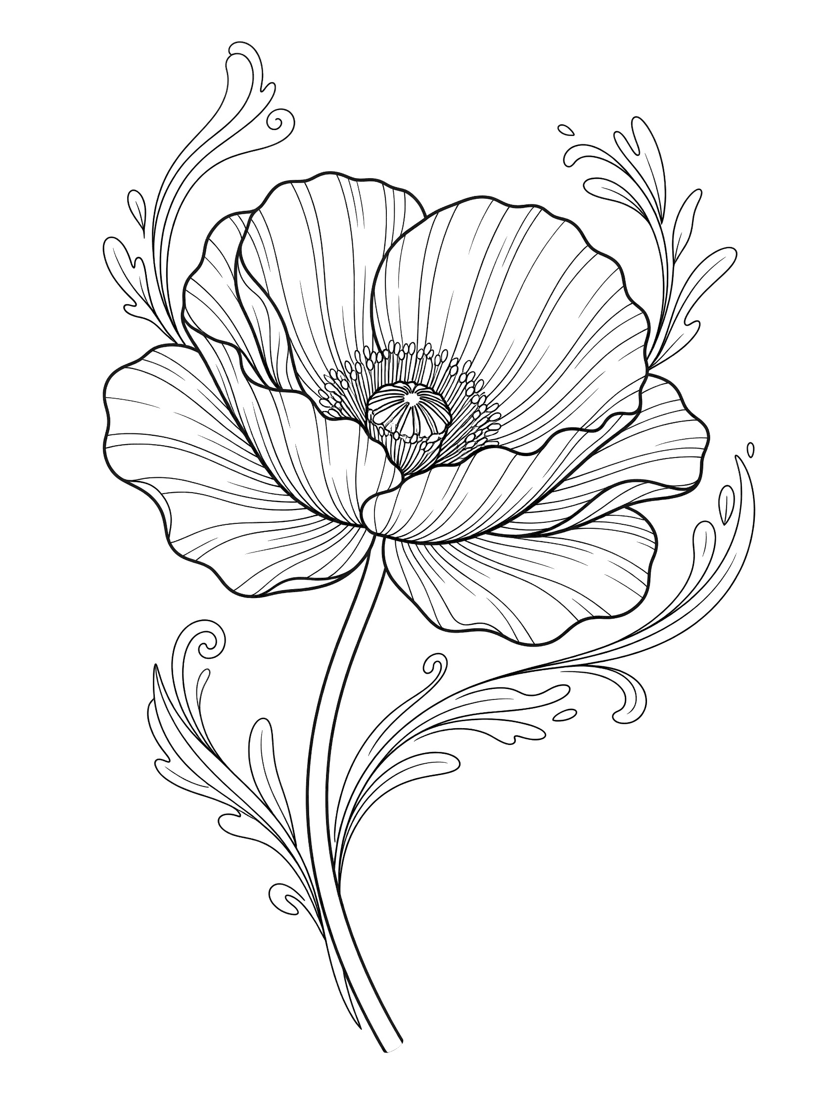 Black and white line art coloring page of a single detailed poppy flower with layered petals, fuzzy center, curving stem and soft fantasy flourishes on white background.