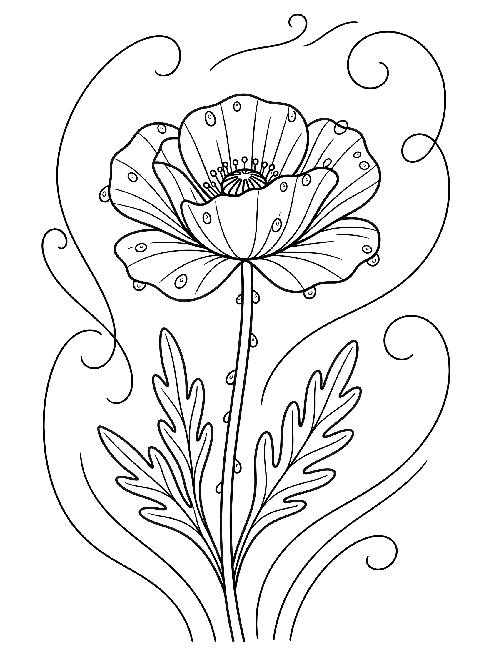 Black and white printable coloring page showing a close-up poppy flower with dotted dew drops on wavy petals, tall stem, leaves, and whimsical swirly lines on white background