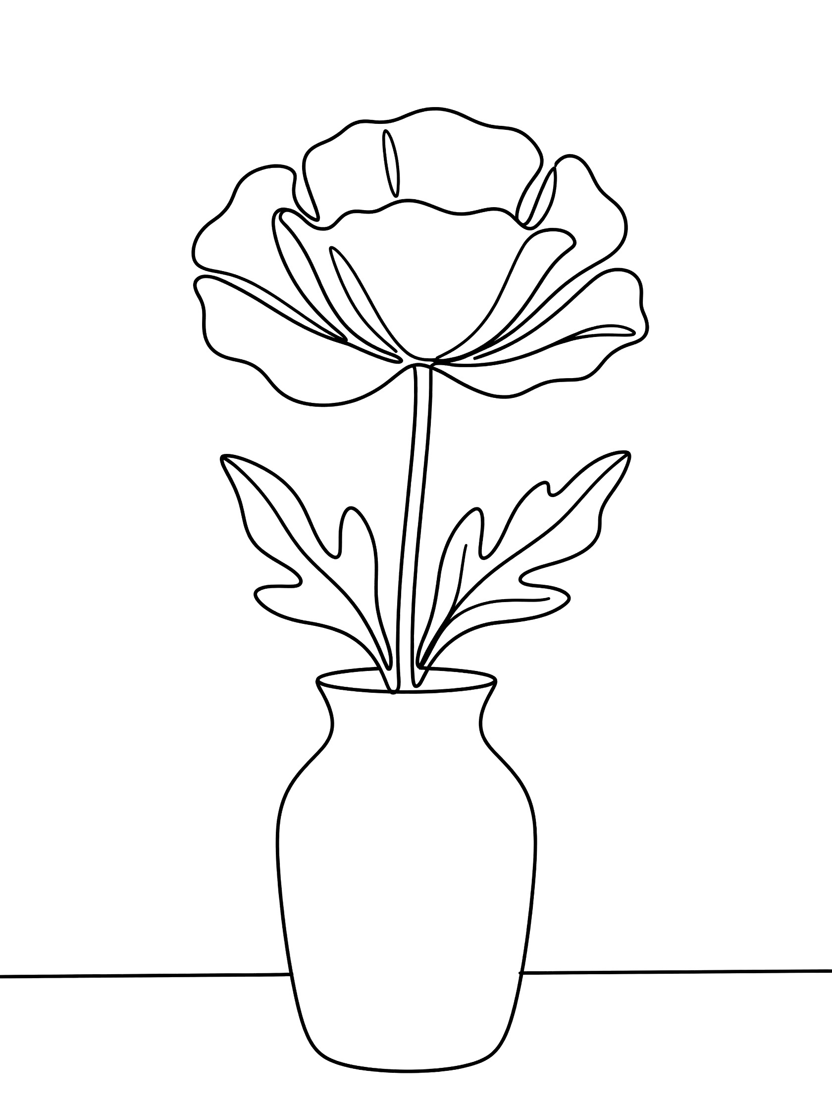 Black and white line drawing of a single poppy flower with ruffled petals on a tall stem with leaves, standing in a rounded vase on a flat surface.