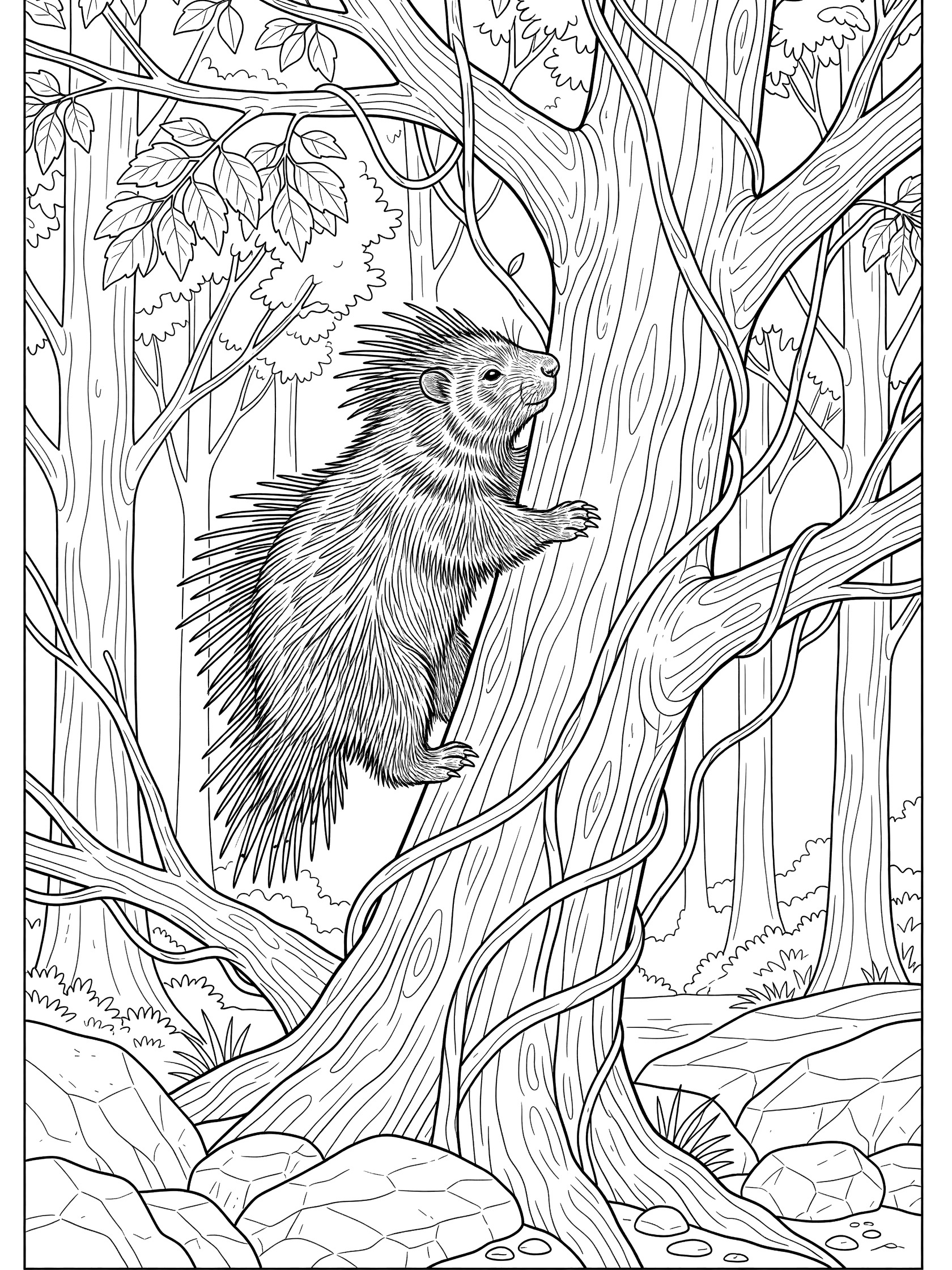 Black and white line art coloring page showing a porcupine with quills climbing a tall tree trunk, surrounded by branches, vines, leaves, distant trees, and rocks at the base.