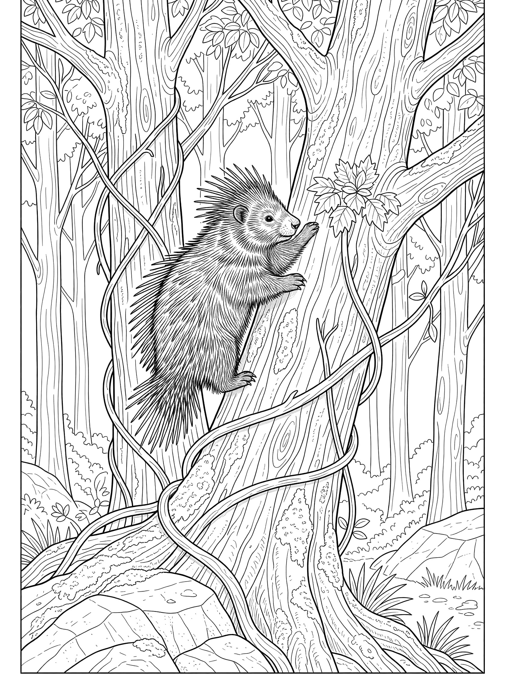 Black and white line art coloring page showing a porcupine with quills climbing a tall tree trunk surrounded by forest trees, vines, branches, leaves, and rocks.