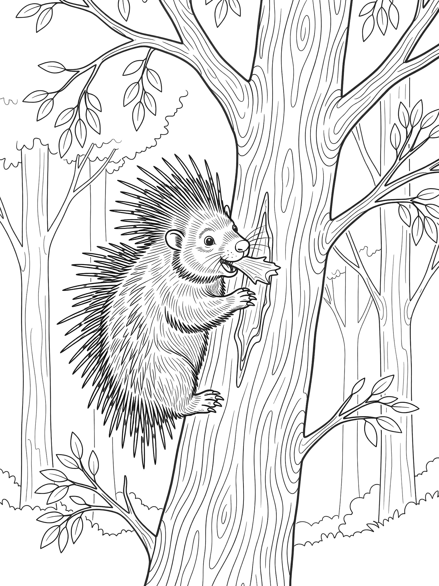 Black and white line art coloring page showing a porcupine gripping a tree trunk with claws, eating a piece of bark, surrounded by tree branches and forest trees.