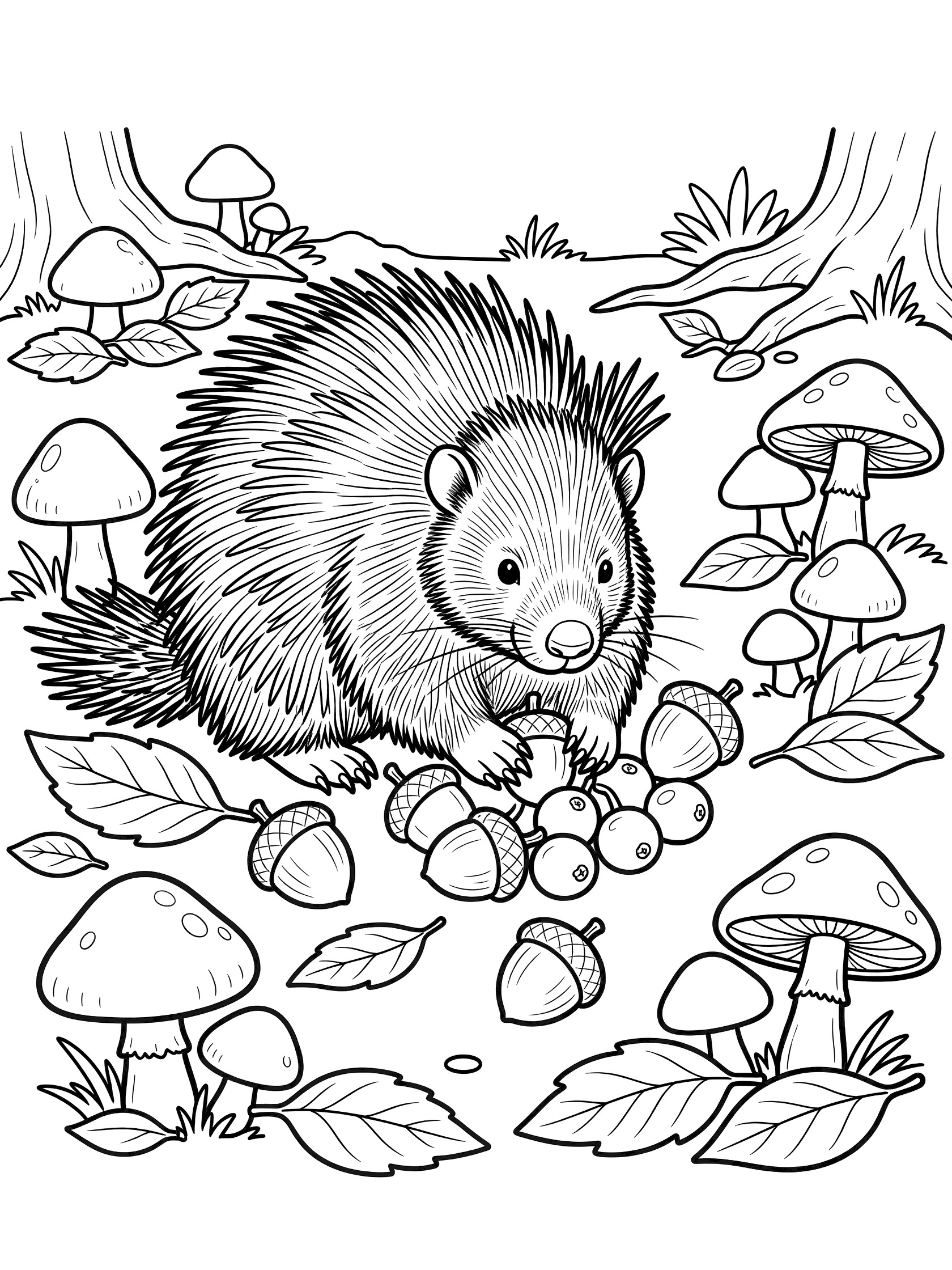 Black and white line art coloring page showing a porcupine holding acorns with paws, surrounded by mushrooms, fallen leaves, and forest floor details.