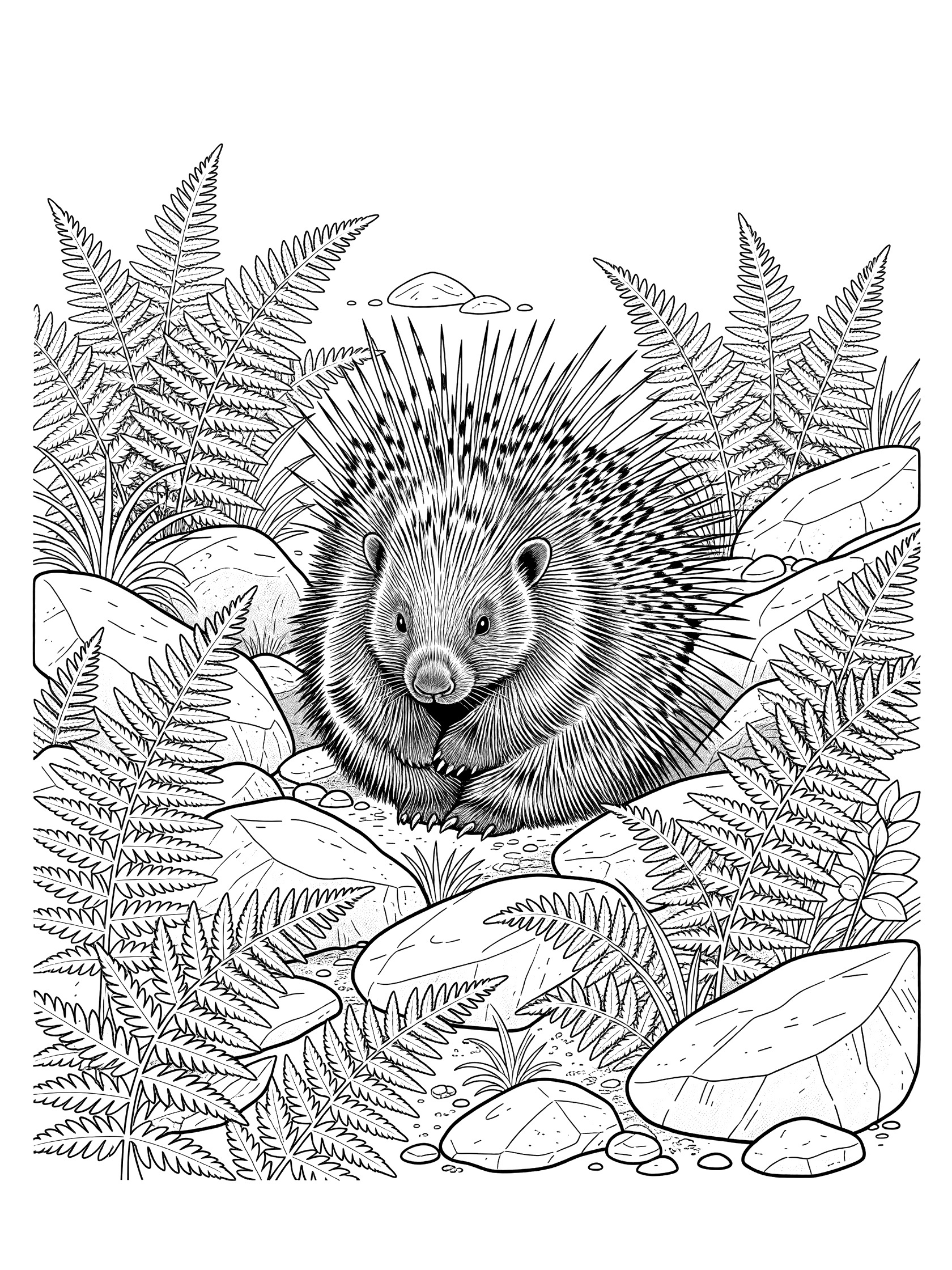 Black and white line art coloring page showing a porcupine curled up with raised quills surrounded by ferns and rocks in a forest setting.