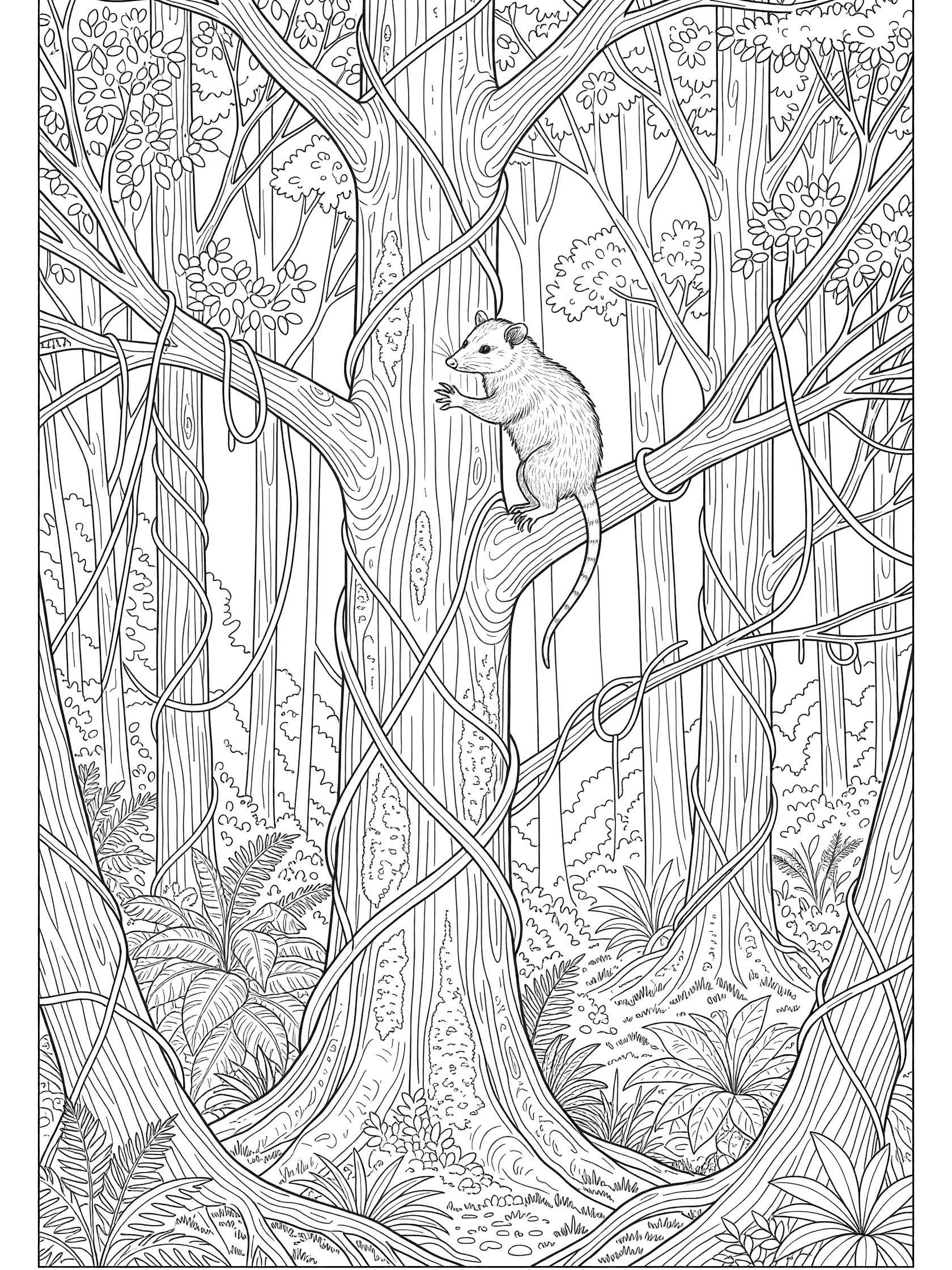 Black and white line art coloring page showing a possum gripping a jungle tree trunk and branch with its claws and tail, surrounded by vines and leaves. Opossum themed black and white printable line art