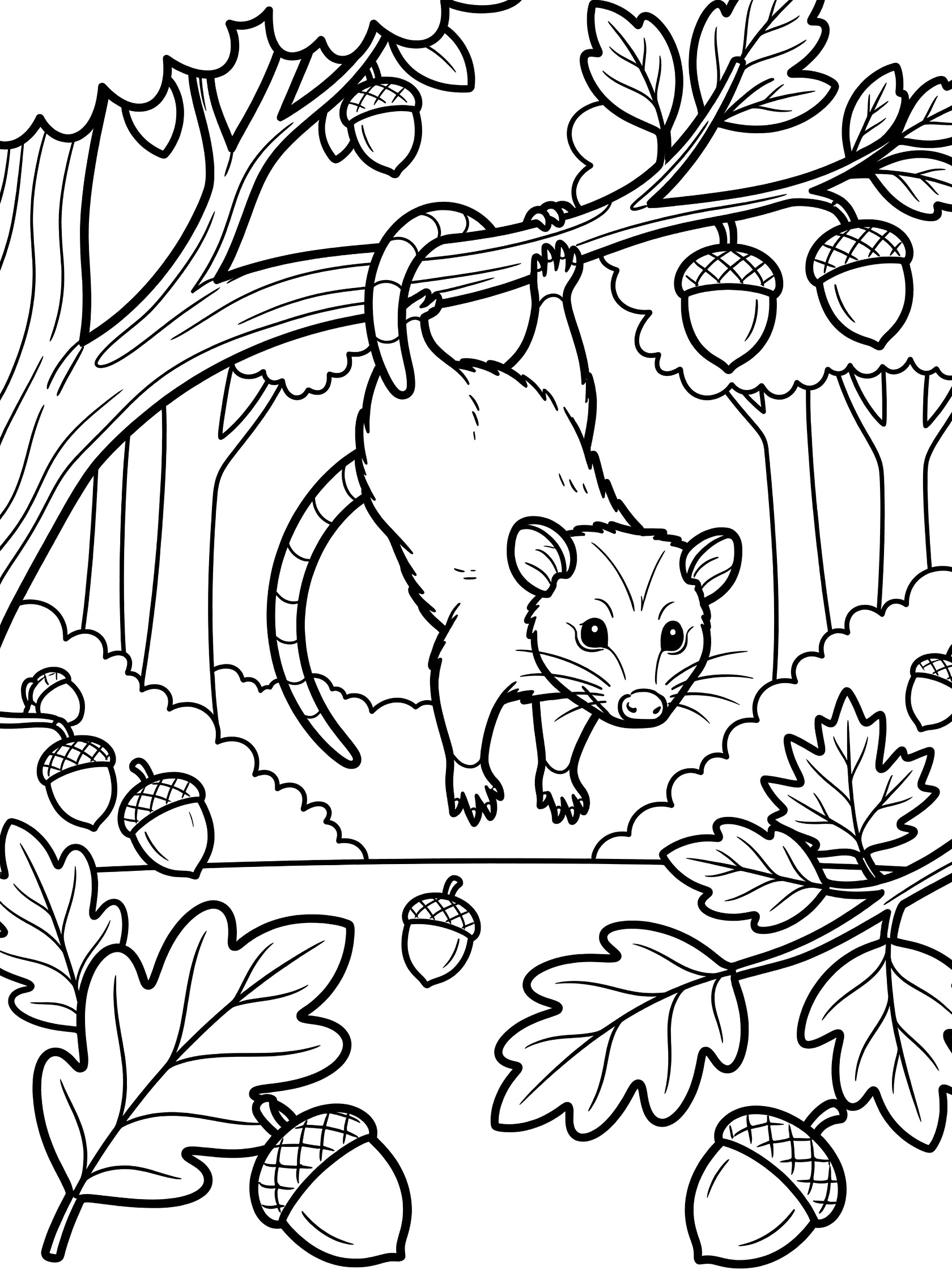 Black and white line art coloring page showing a possum hanging upside down from a tree branch with leaves and acorns in a forest clearing. Opossum themed black and white printable line art