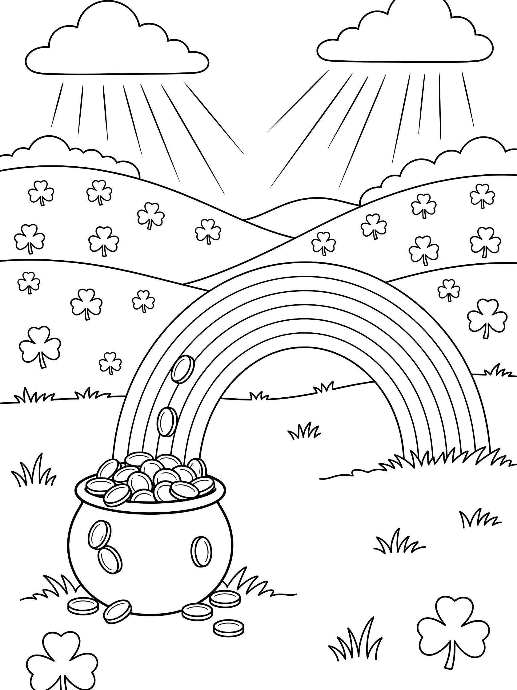 Black-and-white line art of a pot of gold spilling coins at the rainbow's end in a meadow with hills, shamrocks, clouds, and sun rays.