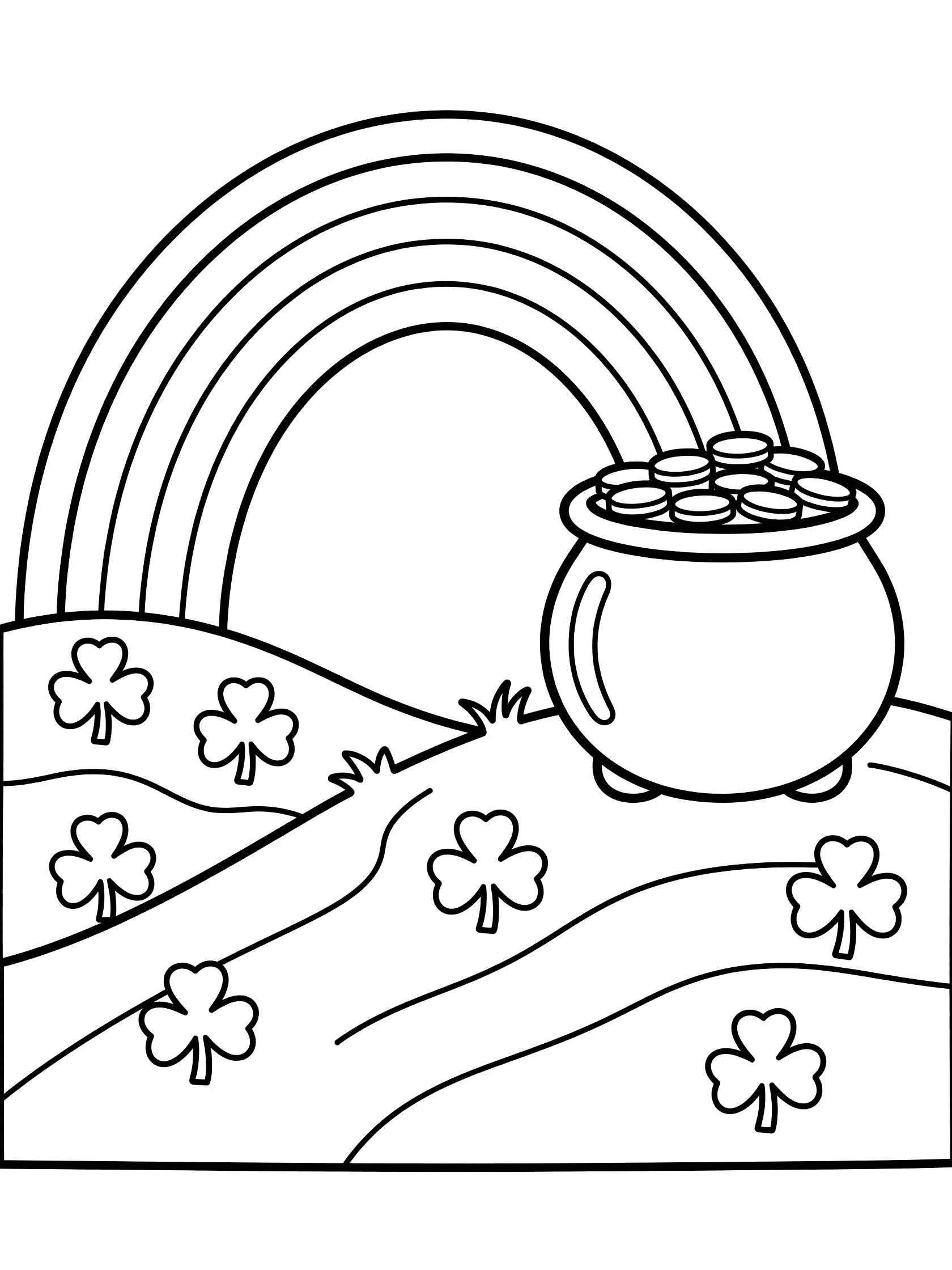 Black and white line art coloring page showing a curved rainbow arching over a grassy hill with shamrocks and a large pot overflowing with coins at the end.