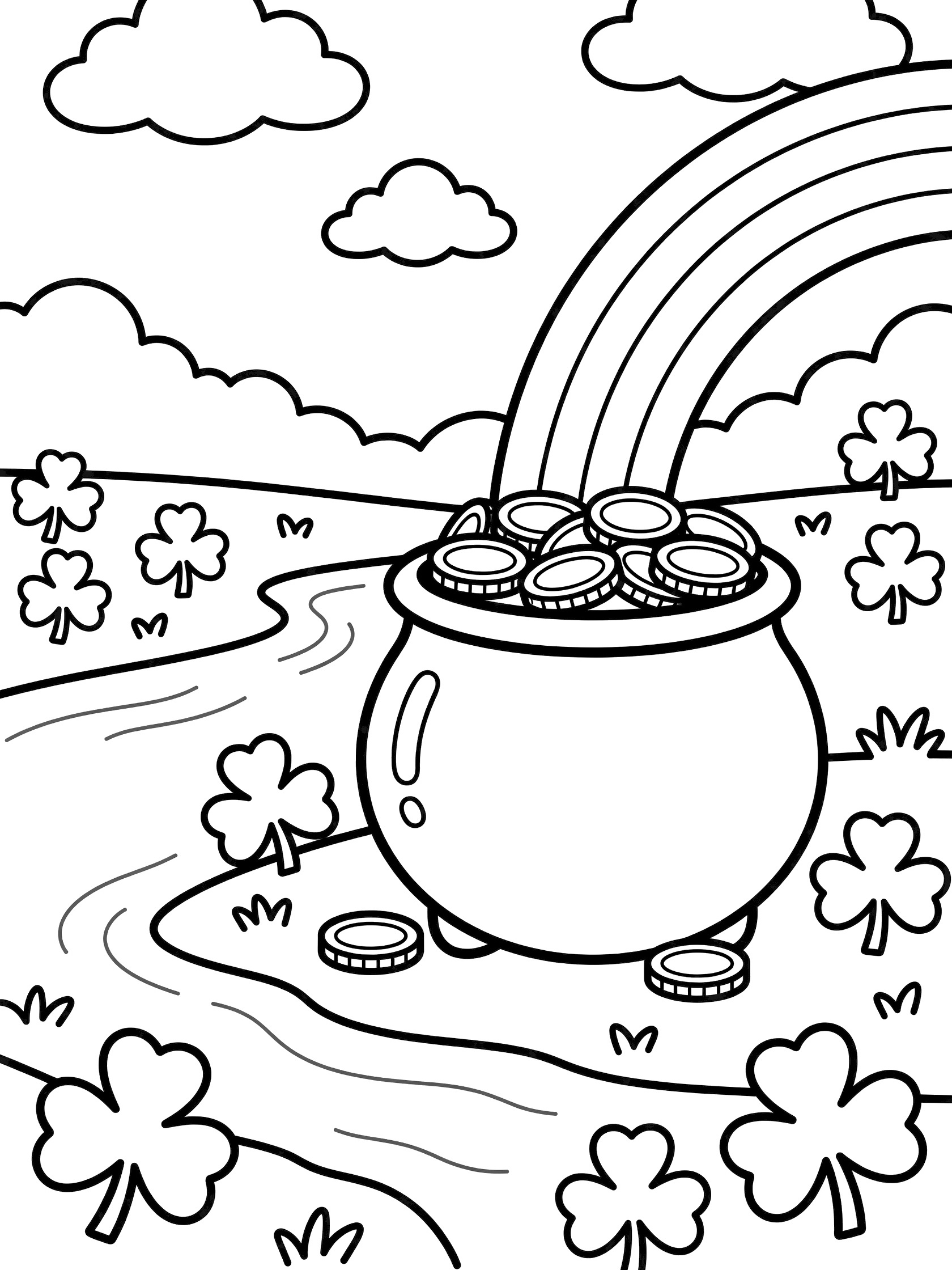 Black and white line art coloring page showing a round pot of gold full of shiny coins on a riverbank, rainbow touching the pot, shamrocks, gentle river, and clouds