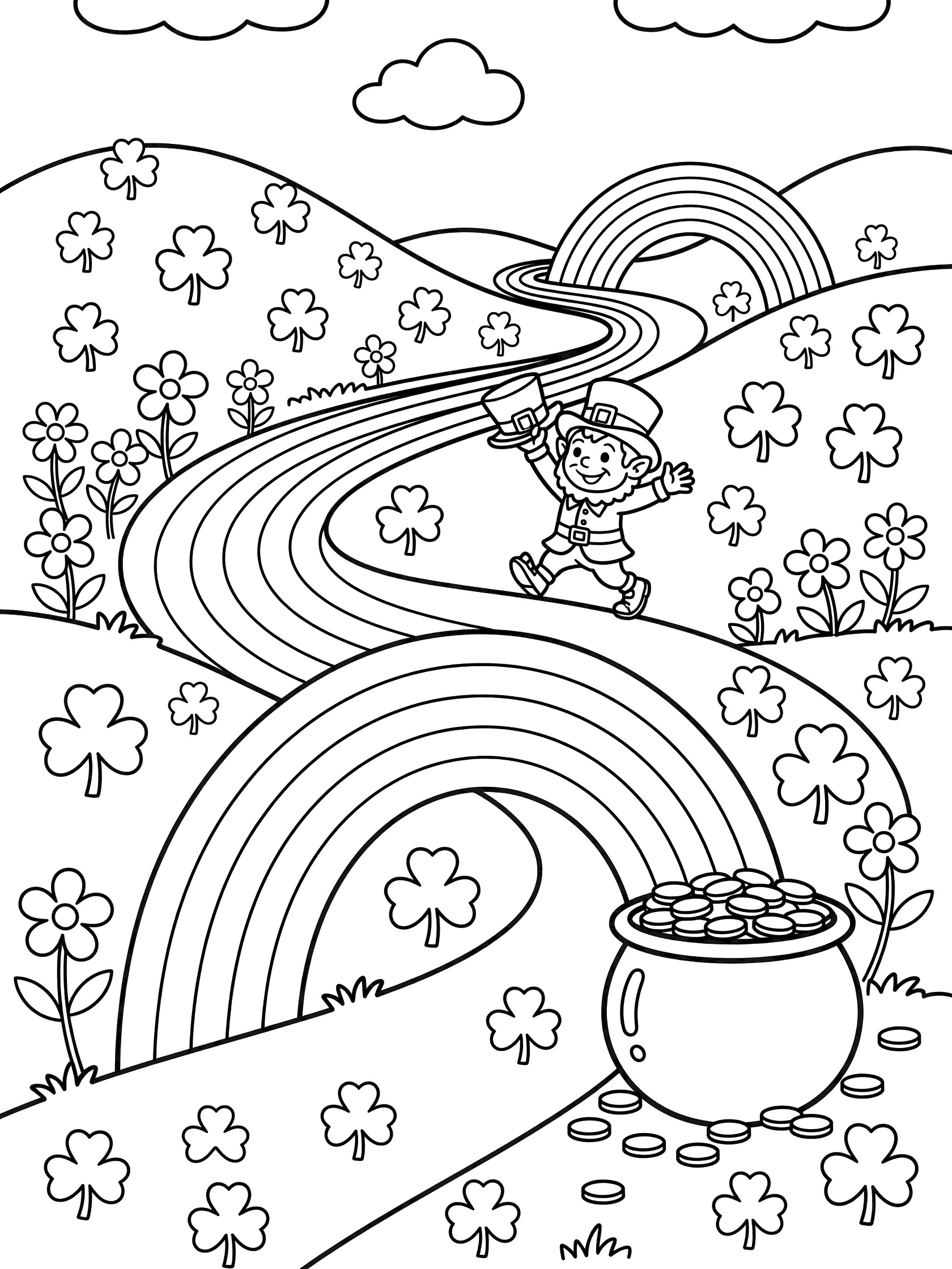 Black and white line art coloring page showing a rainbow path leading to a pot of gold, with a leprechaun walking on green hills full of shamrocks and flowers.
