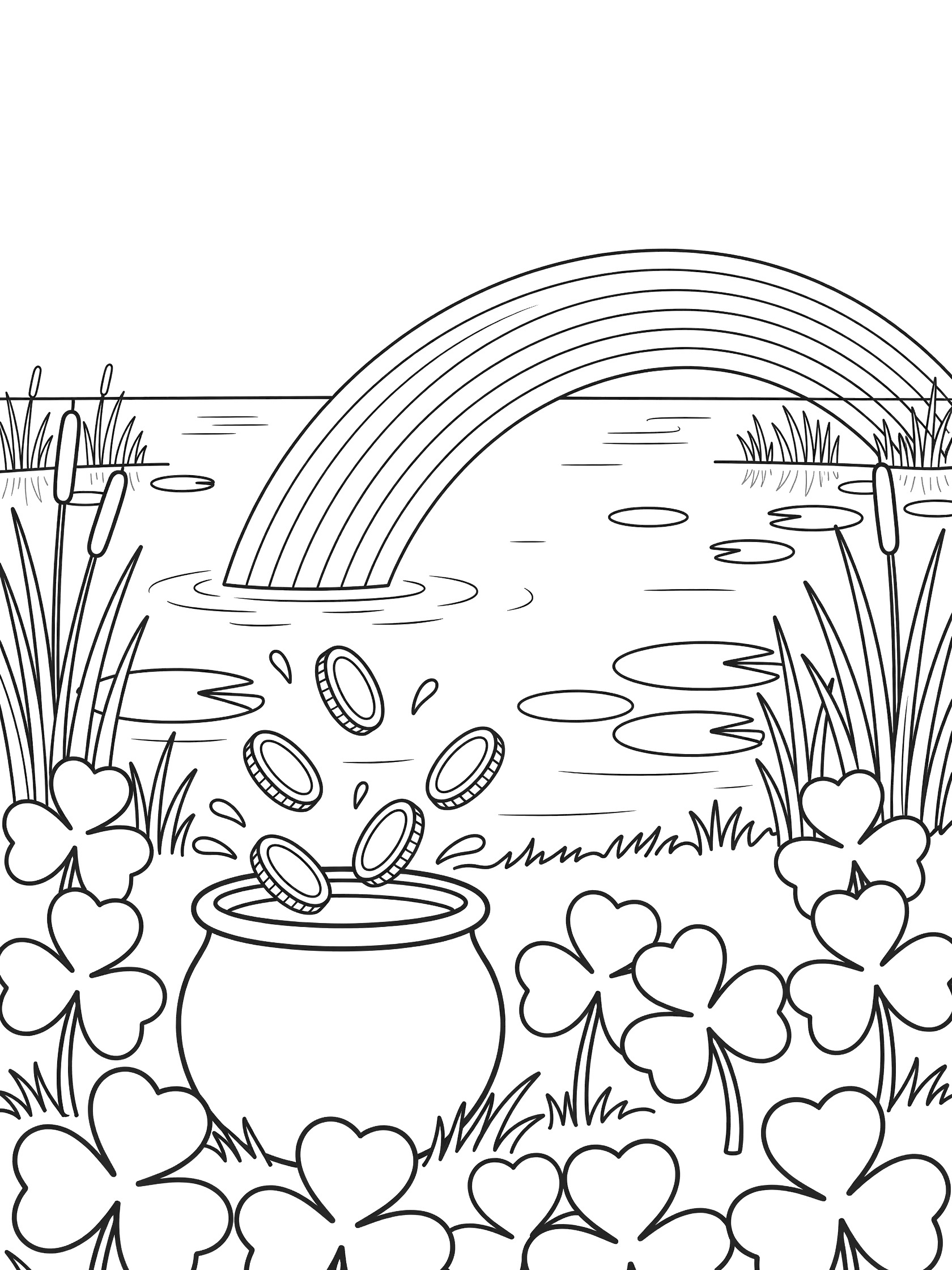 Black and white coloring page of a pot of gold nestled in a lakeside clover patch with reeds, lily pads, coins splashing in water, and a rainbow over the lake.