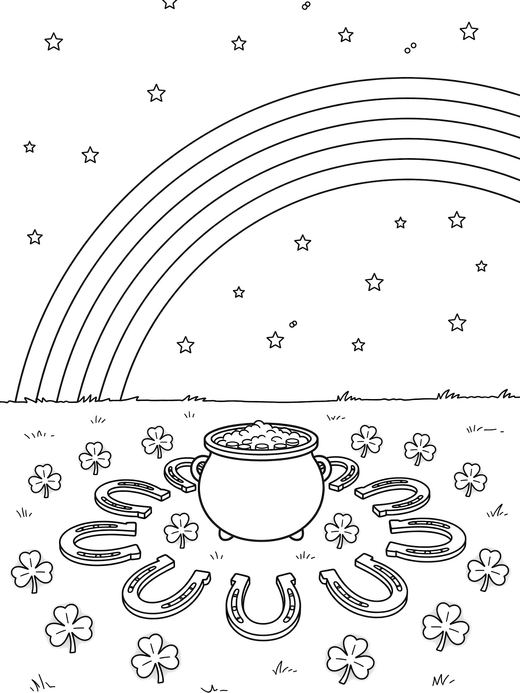 Black and white line art coloring page showing a pot of gold at twilight in a field, circled by horseshoes and glowing shamrocks, with a rainbow above and stars in the sky