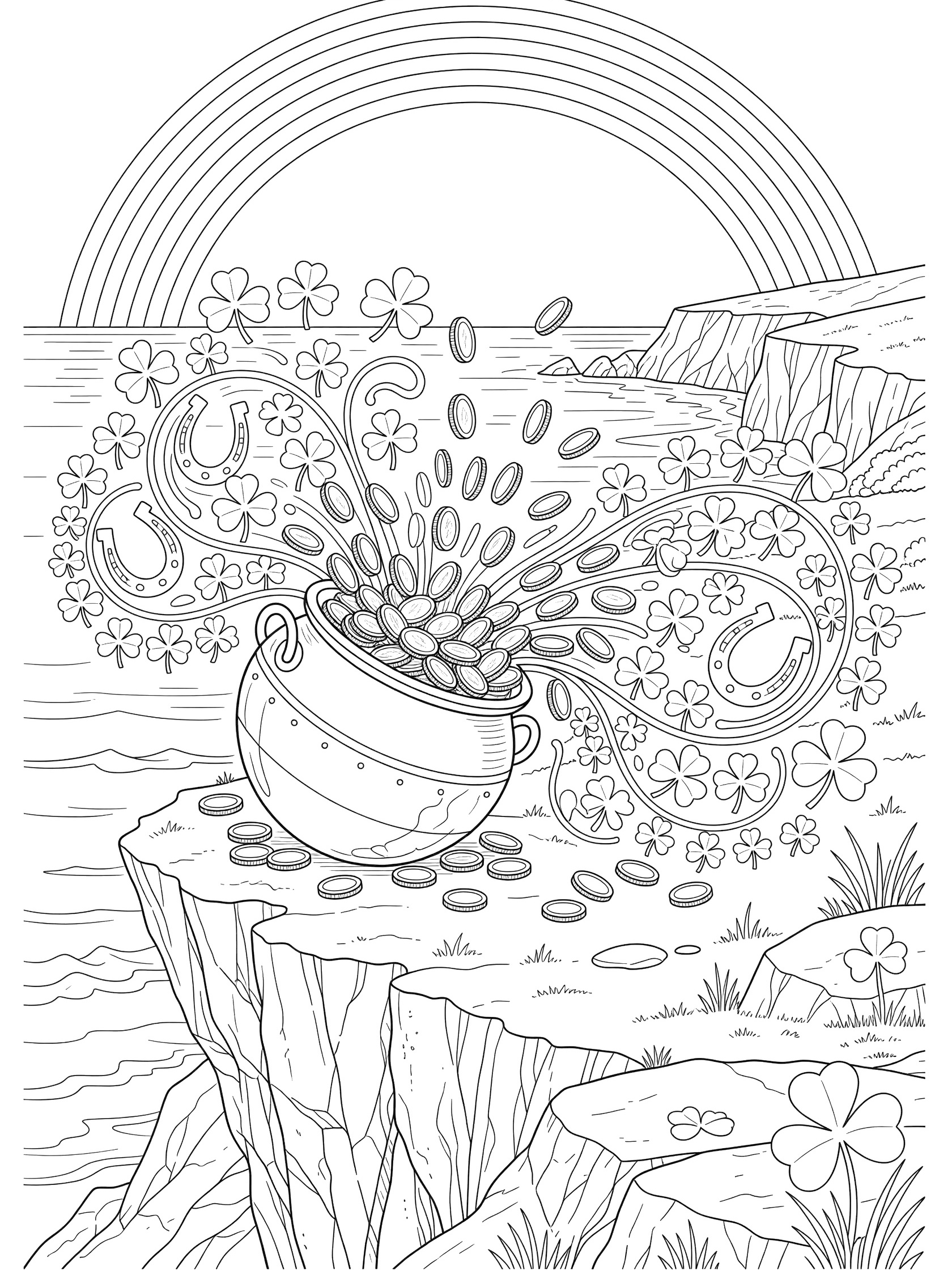 St. Patrick's Day pot of gold coloring page showing a pot exploding with gold coins amid clovers and horseshoes on a cliff overlooking the sea with a rainbow.