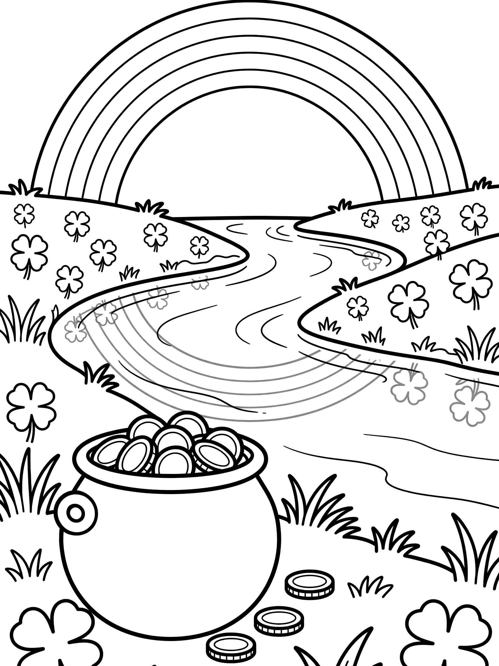 Black-and-white coloring page of a pot of gold overflowing with coins beside a winding riverbank under a rainbow, surrounded by clovers and grass.