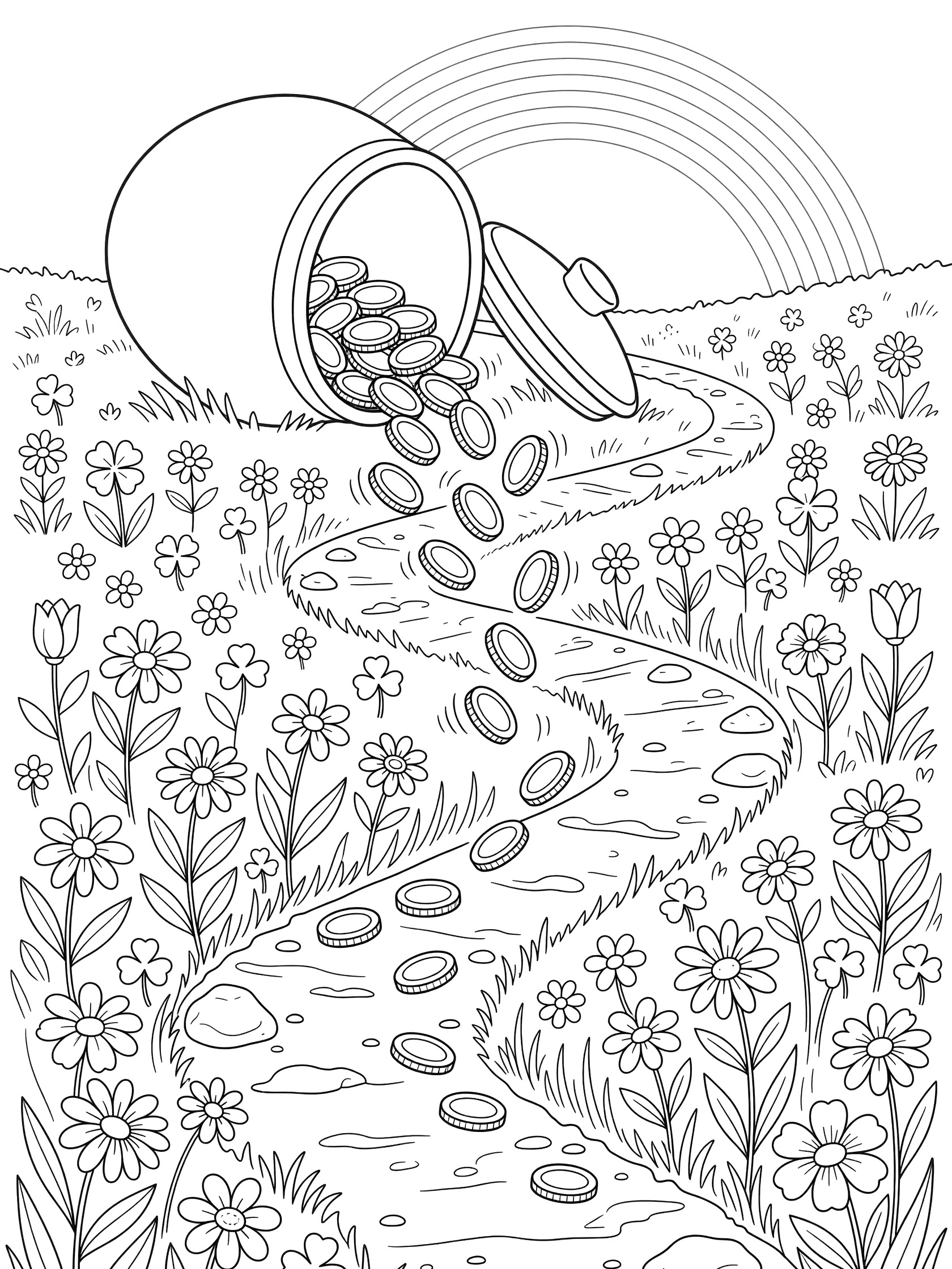 Line art coloring page showing a pot of gold pouring coins along a dirt path through a flower meadow with shamrocks and a distant rainbow