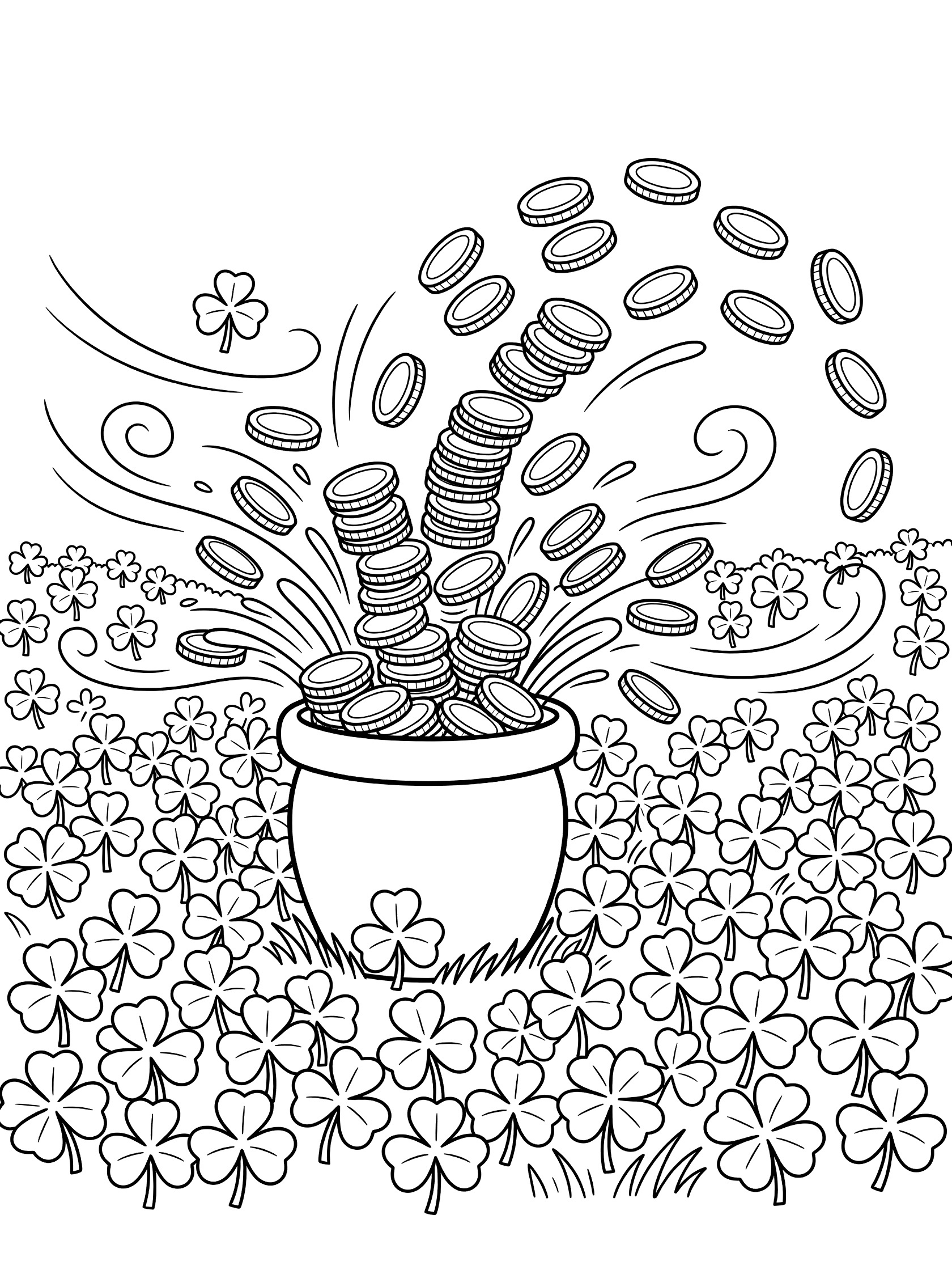 Black and white line art coloring page showing a pot of gold with stacked coins bursting upward like a fountain, arcing high with wind lines over a field of clovers.