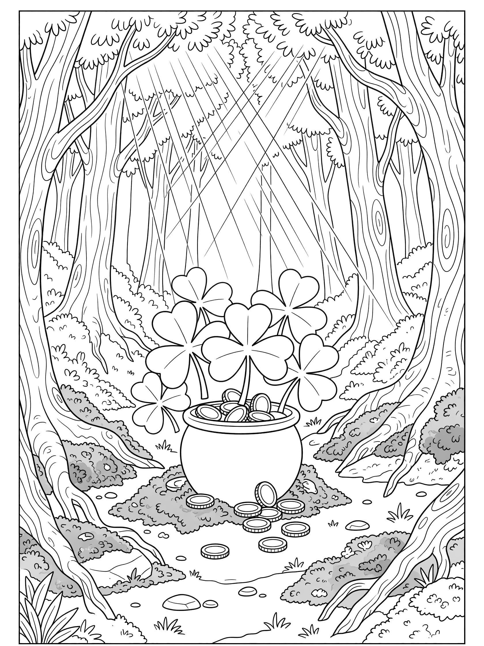 Black and white line art coloring page of a pot of gold peeking from behind shamrocks in a forest grove with sunbeams and scattered coins on mossy ground.